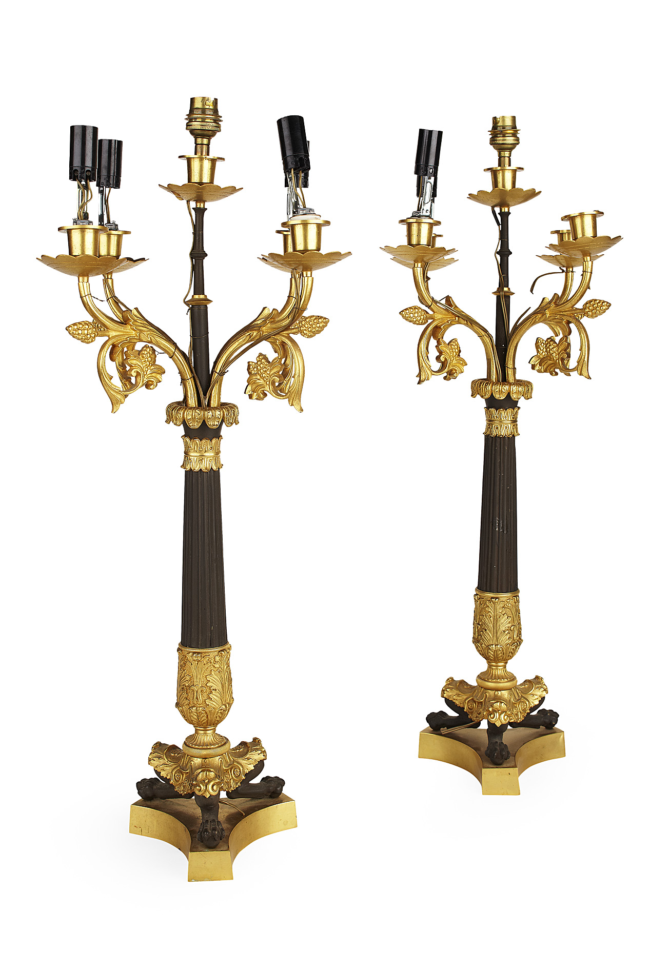 PAIR OF REGENCY GILT AND PATINATED METAL CANDELABRA