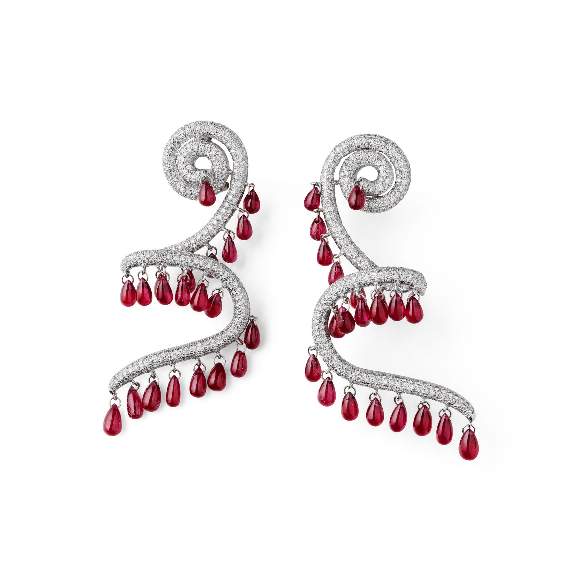 A pair of ruby and diamond pendent earrings