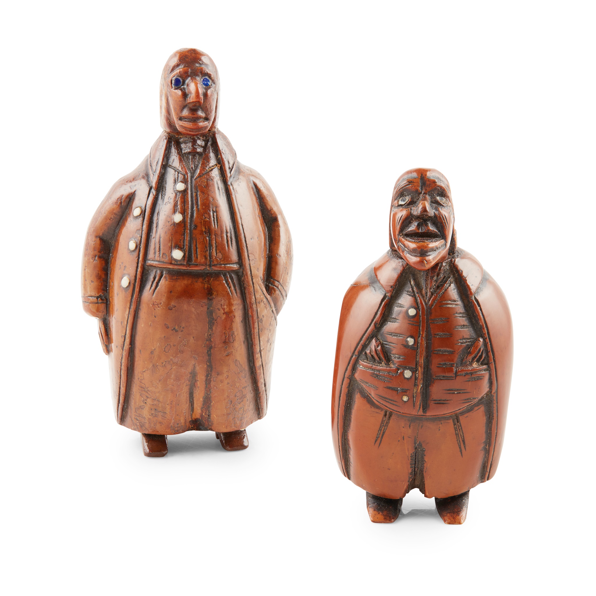 TWO CARVED COQUILLA NUT CHARACTER SNUFF BOXES