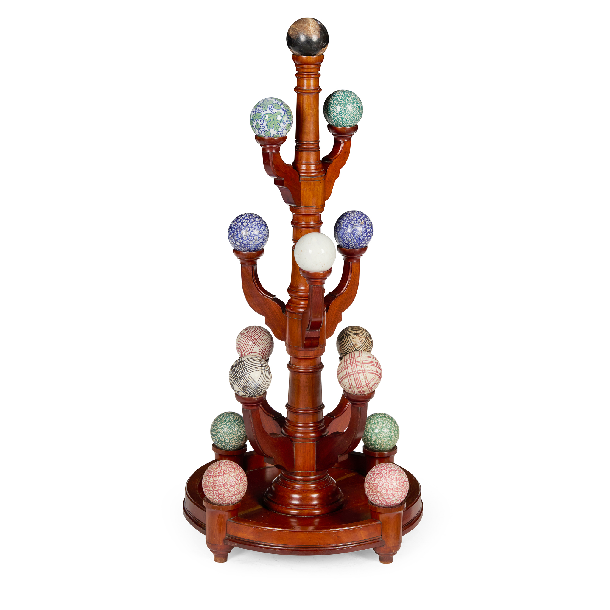 VICTORIAN MAHOGANY CARPET BOWLS STAND AND BOWLS