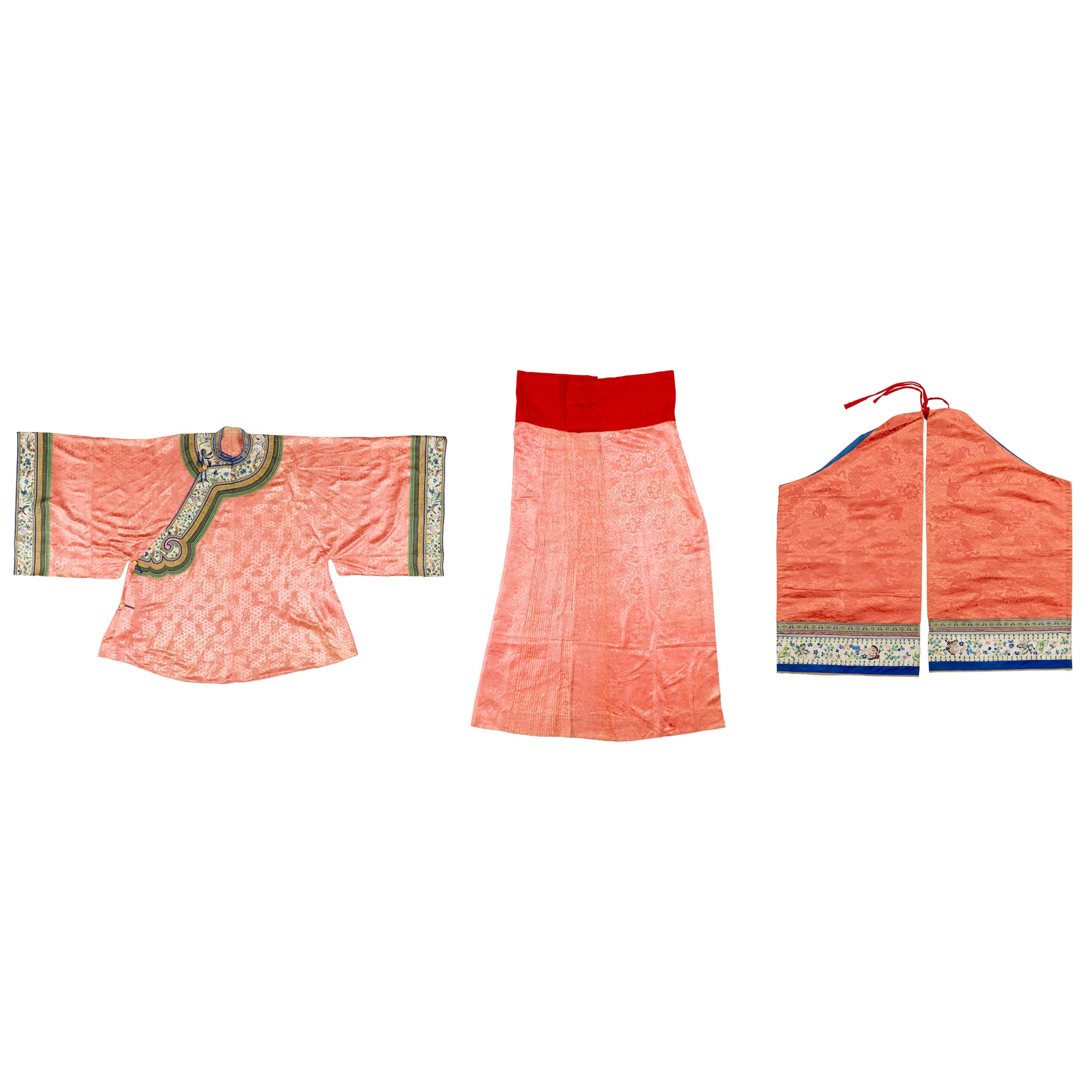 PINK GROUND SILK EMBROIDERED LADY'S SHORT ROBE, PLEATED SKIRT AND LEGGINGS