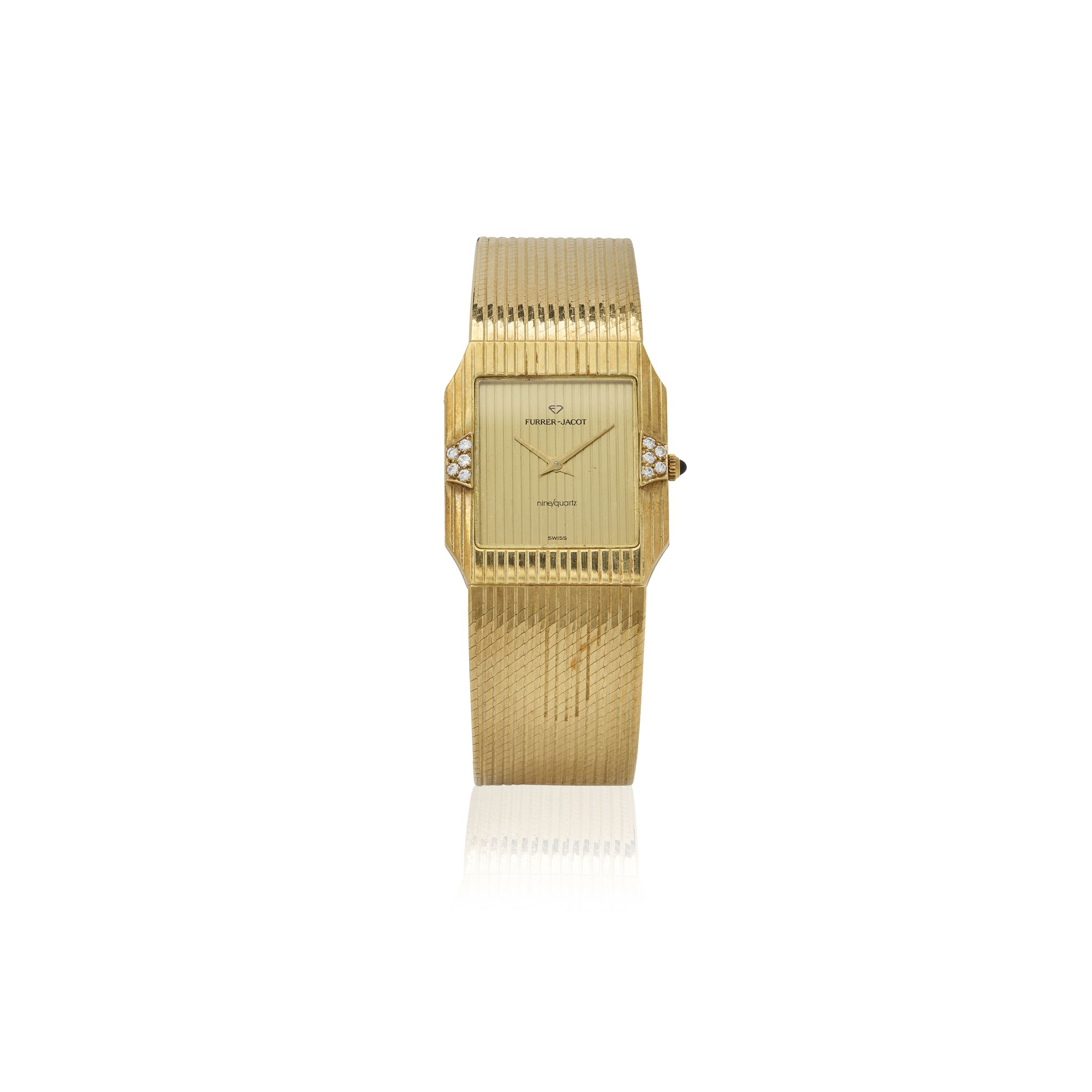 Furrer Jacot. A Gentleman's set of 18k gold and diamond quartz wristwatch, gold cufflinks and diamond ring