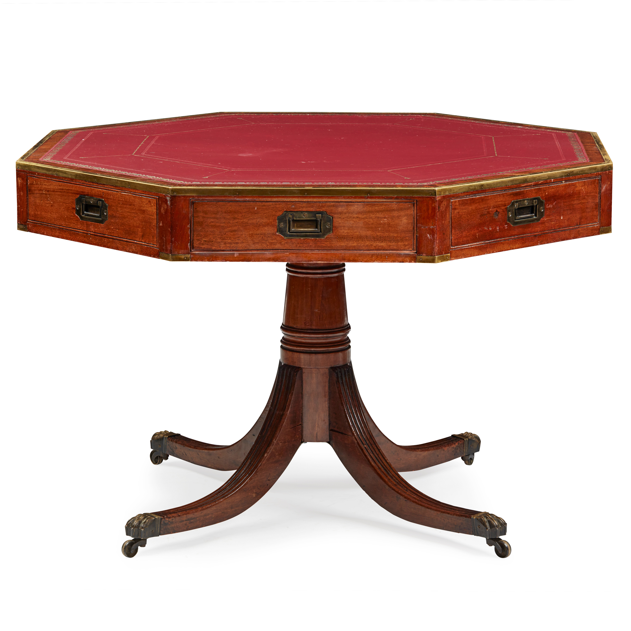 REGENCY MAHOGANY BRASS BANDED OCTAGONAL DRUM LIBRARY TABLE