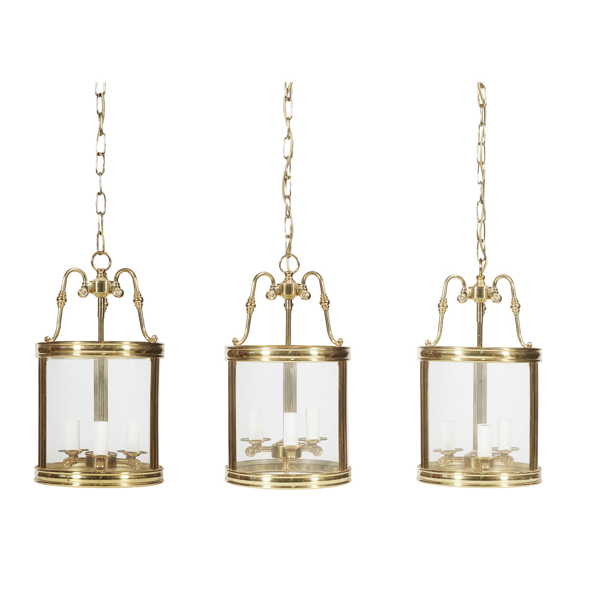 THREE GEORGIAN STYLE LACQUERED BRASS HALL LANTERNS