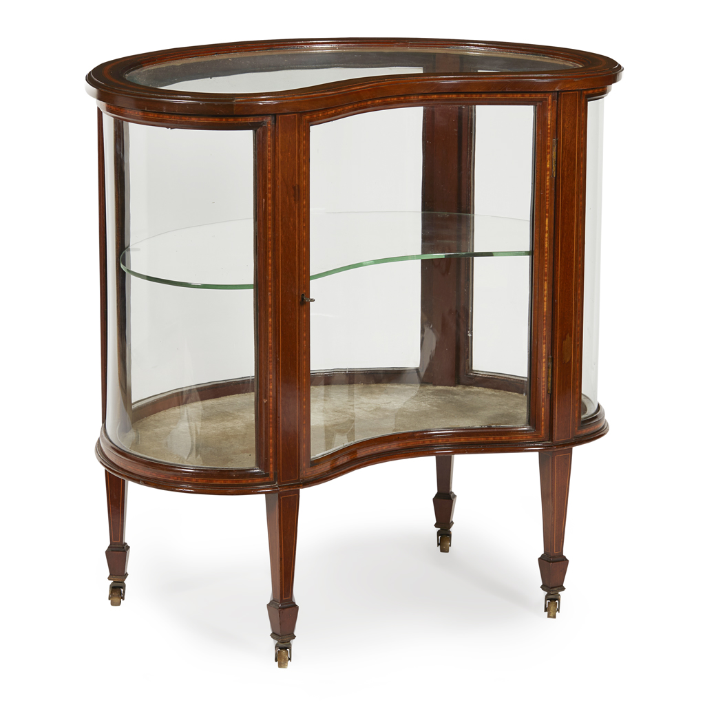 EDWARDIAN MAHOGANY KIDNEY SHAPED BIJOUTERIE CABINET