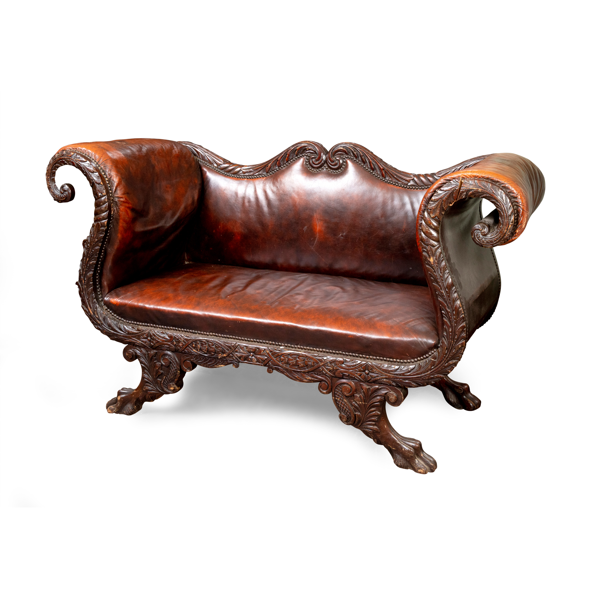 A VICTORIAN MAHOGANY RED LEATHER UPHOLSTERED SOFA