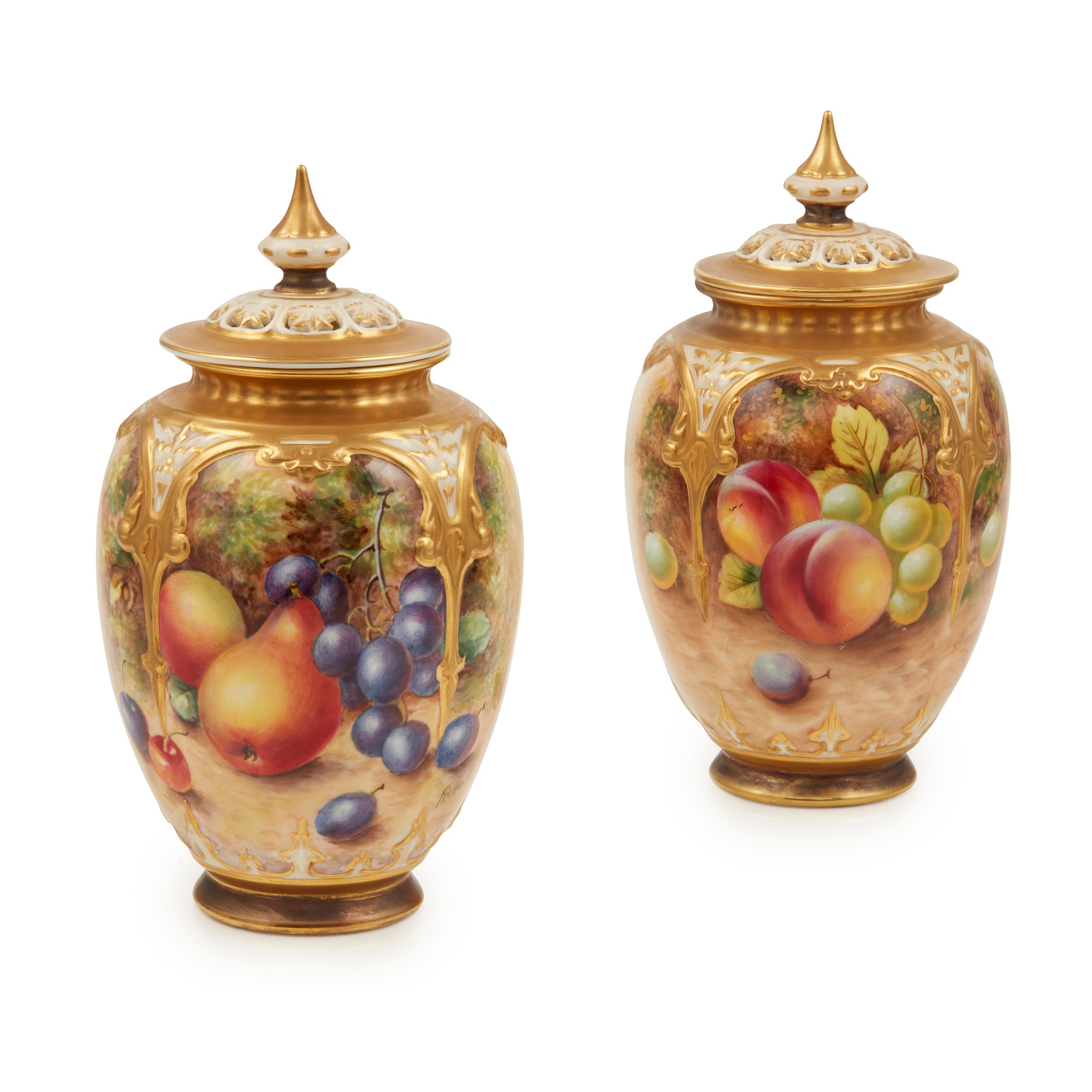 PAIR OF ROYAL WORCESTER FRUIT PAINTED POT POURRI JARS AND COVERS
