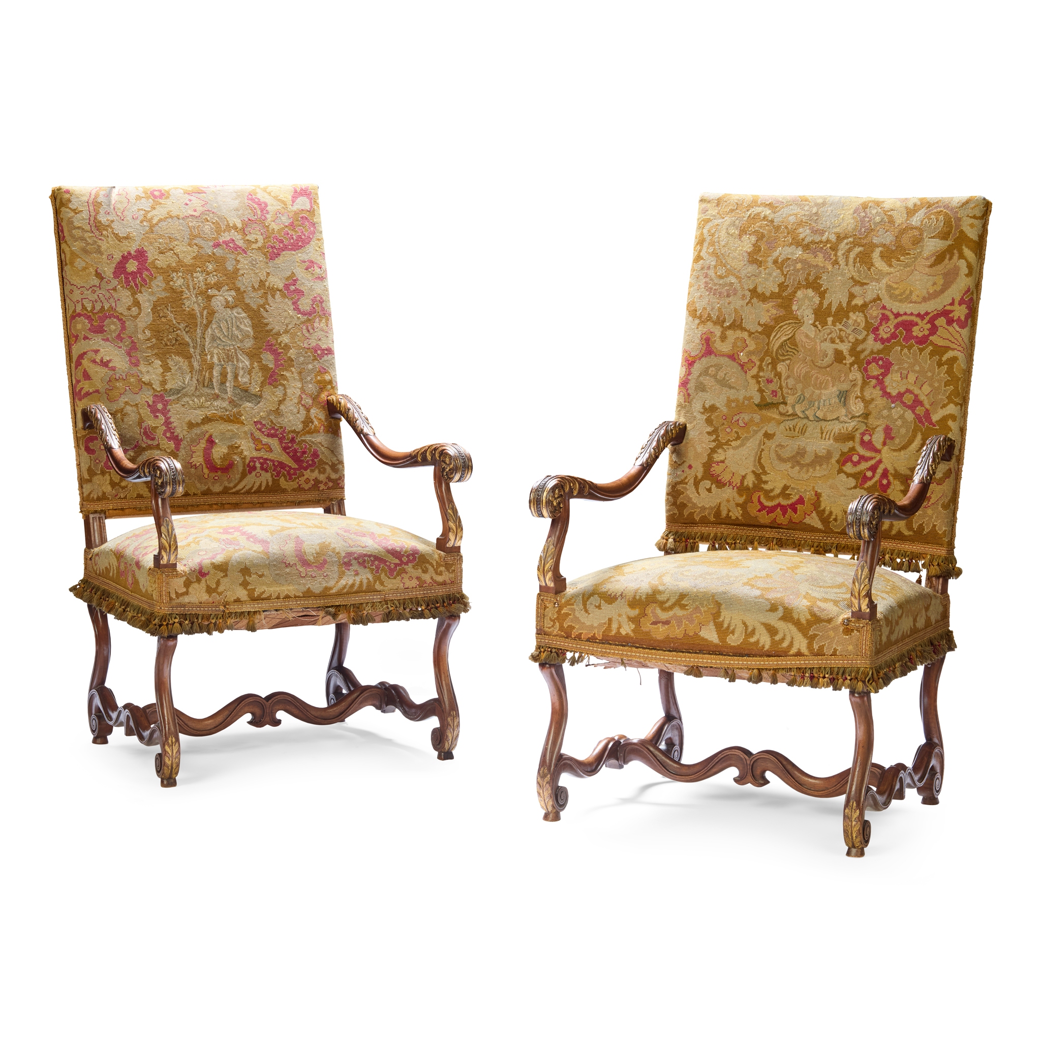 PAIR OF LOUIS XIV STYLE CARVED WALNUT ARMCHAIRS