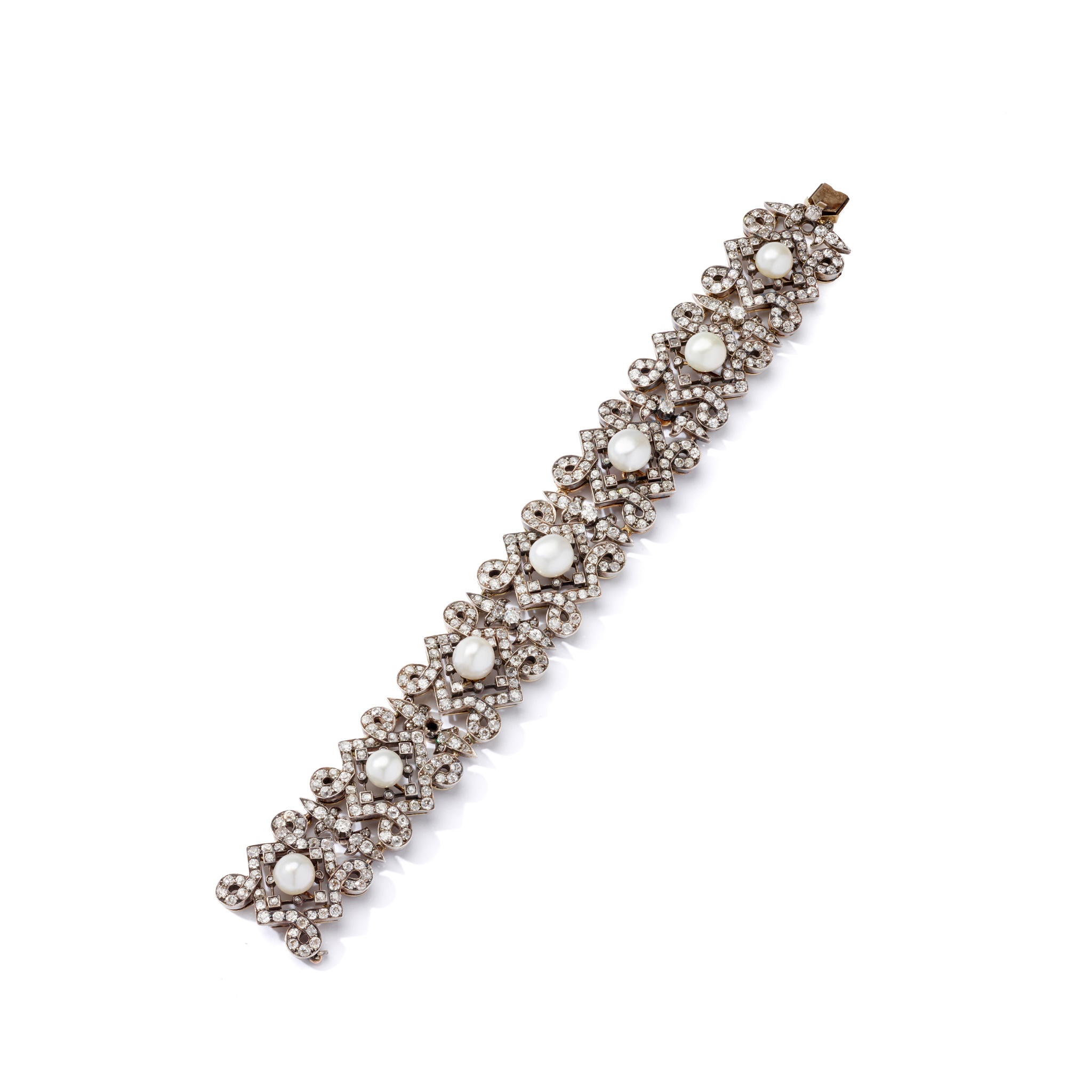 A late 19th century pearl and diamond bracelet, circa 1880