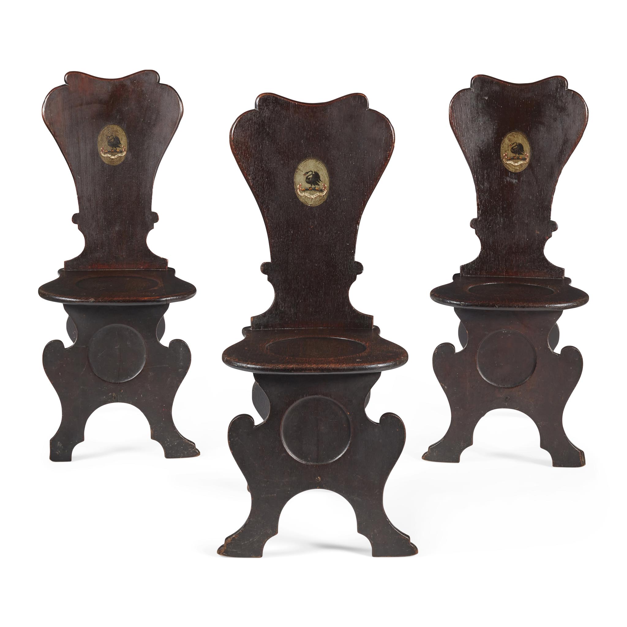 SET OF THREE GEORGIAN OAK ARMORIAL HALL CHAIRS