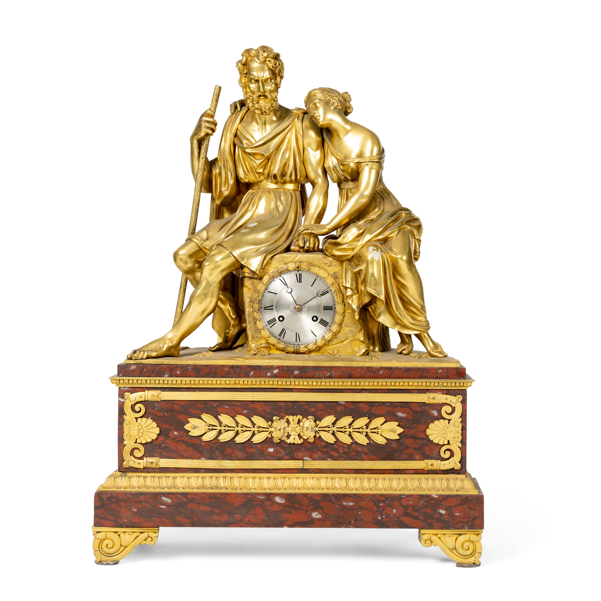 A FRENCH GILT BRONZE AND MARMO ROSSO MARBLE MANTEL CLOCK