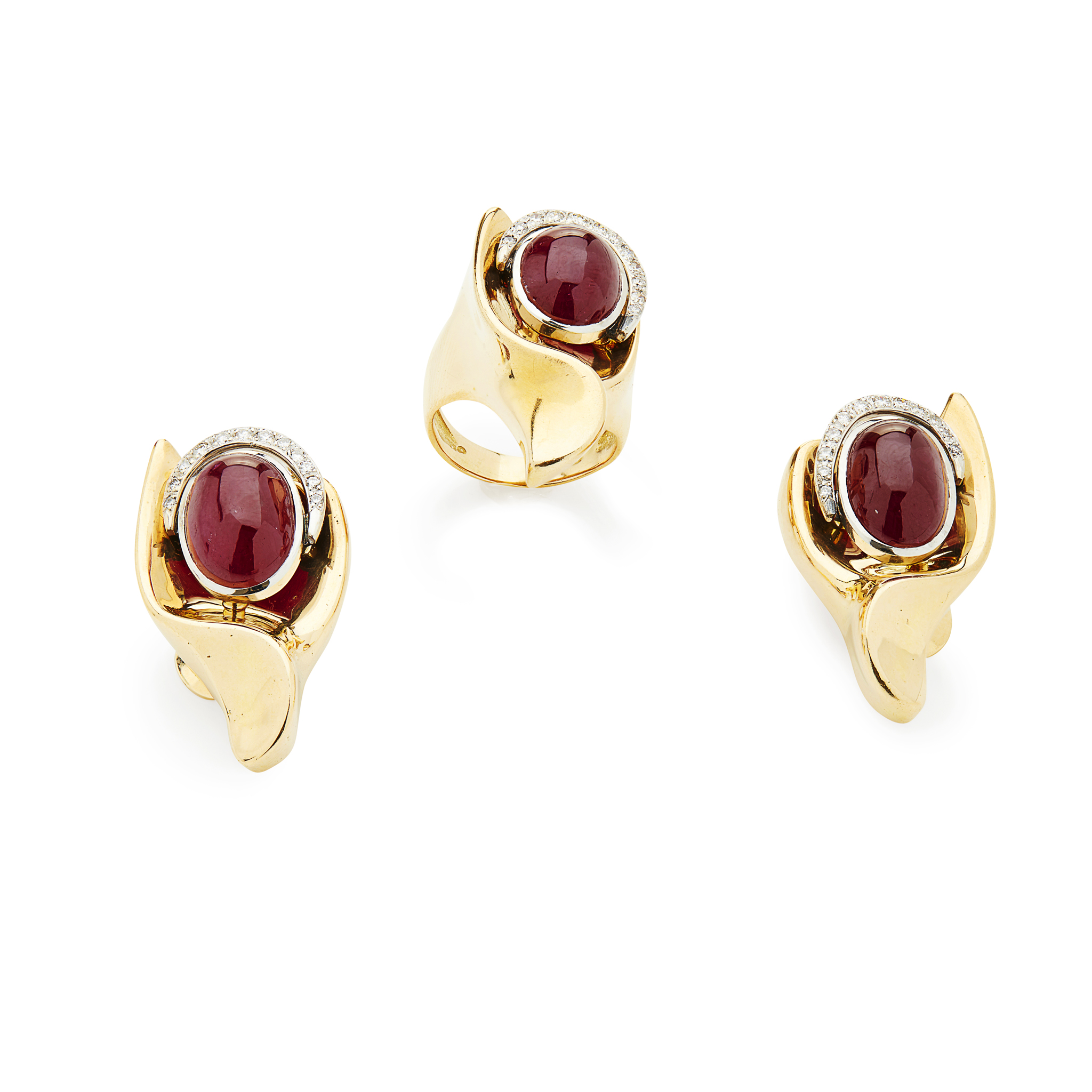 A pair of ruby and diamond set earrings and ring