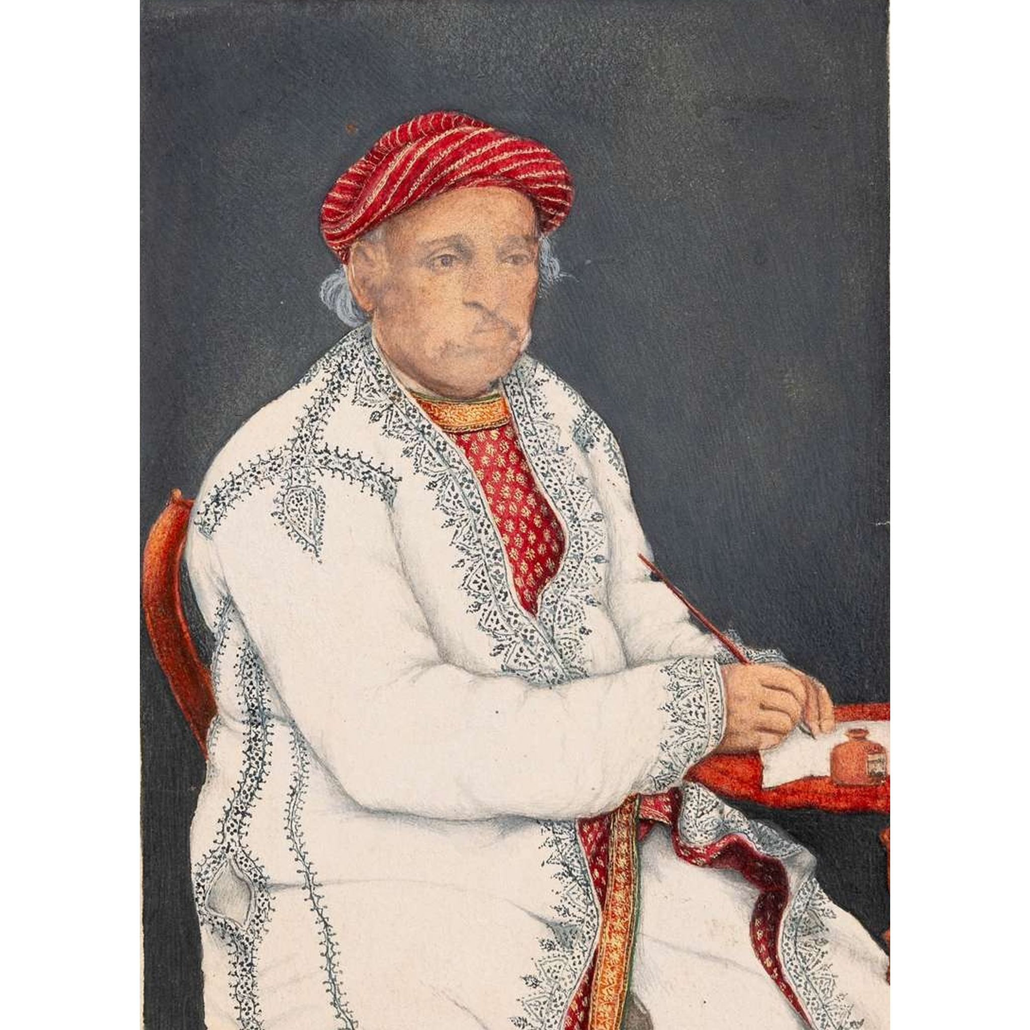 COMPANY SCHOOL PORTRAIT OF A MAN IN A WHITE ROBE WRITING AT A TABLE