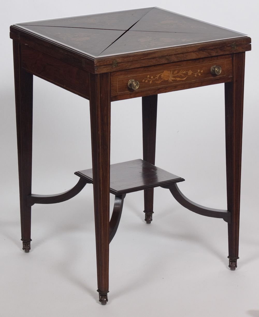 A Victorian rosewood and floral inlaid envelope card table