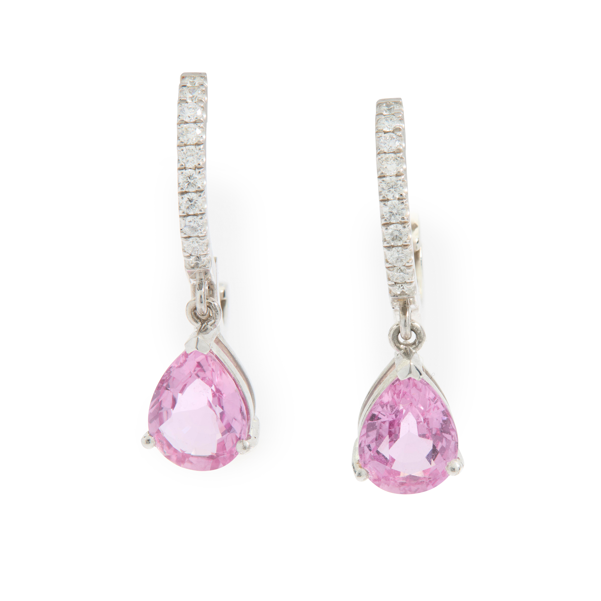 A pair of pink sapphire and diamond earrings