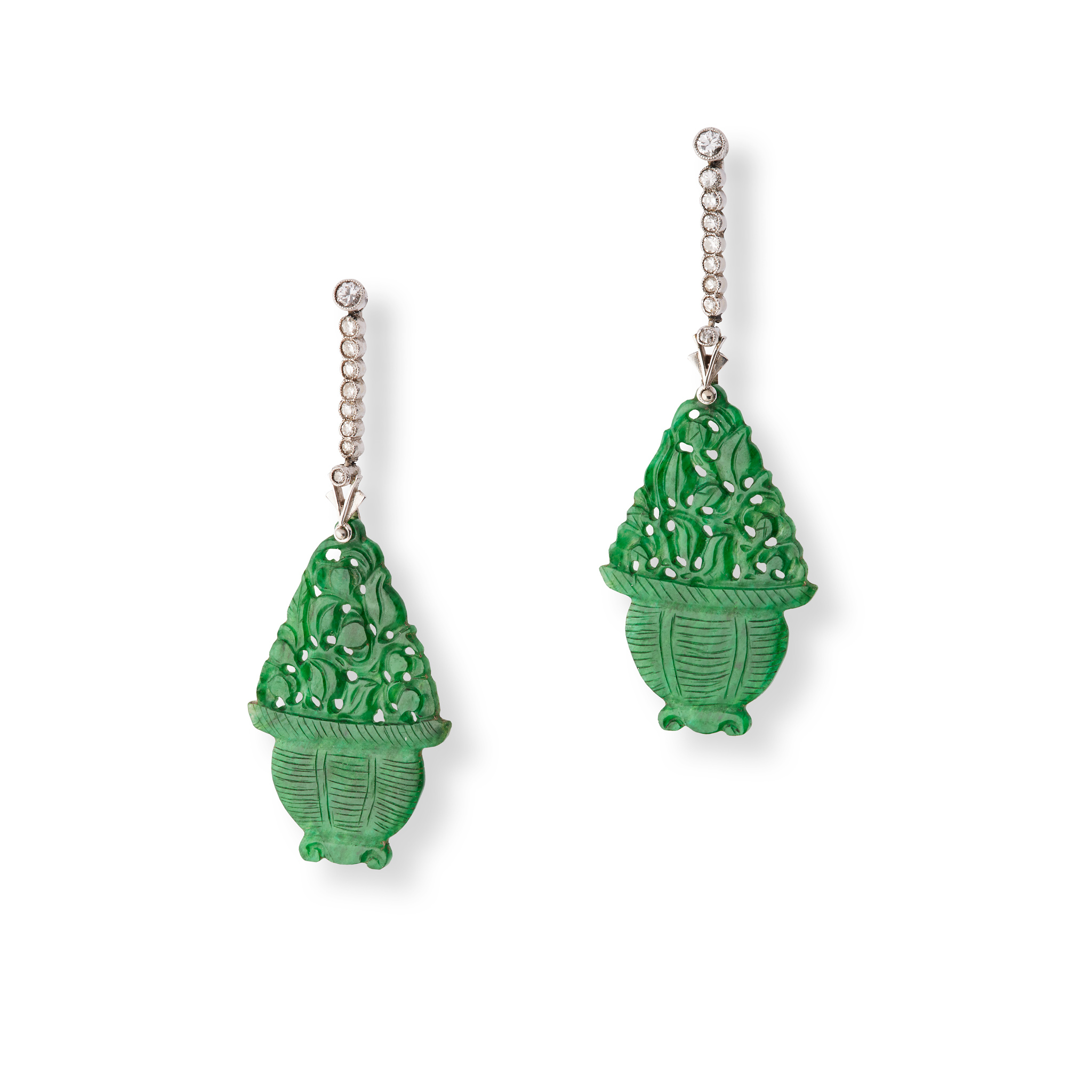 A pair of diamond and jade pendent earrings, first half of the 20th century