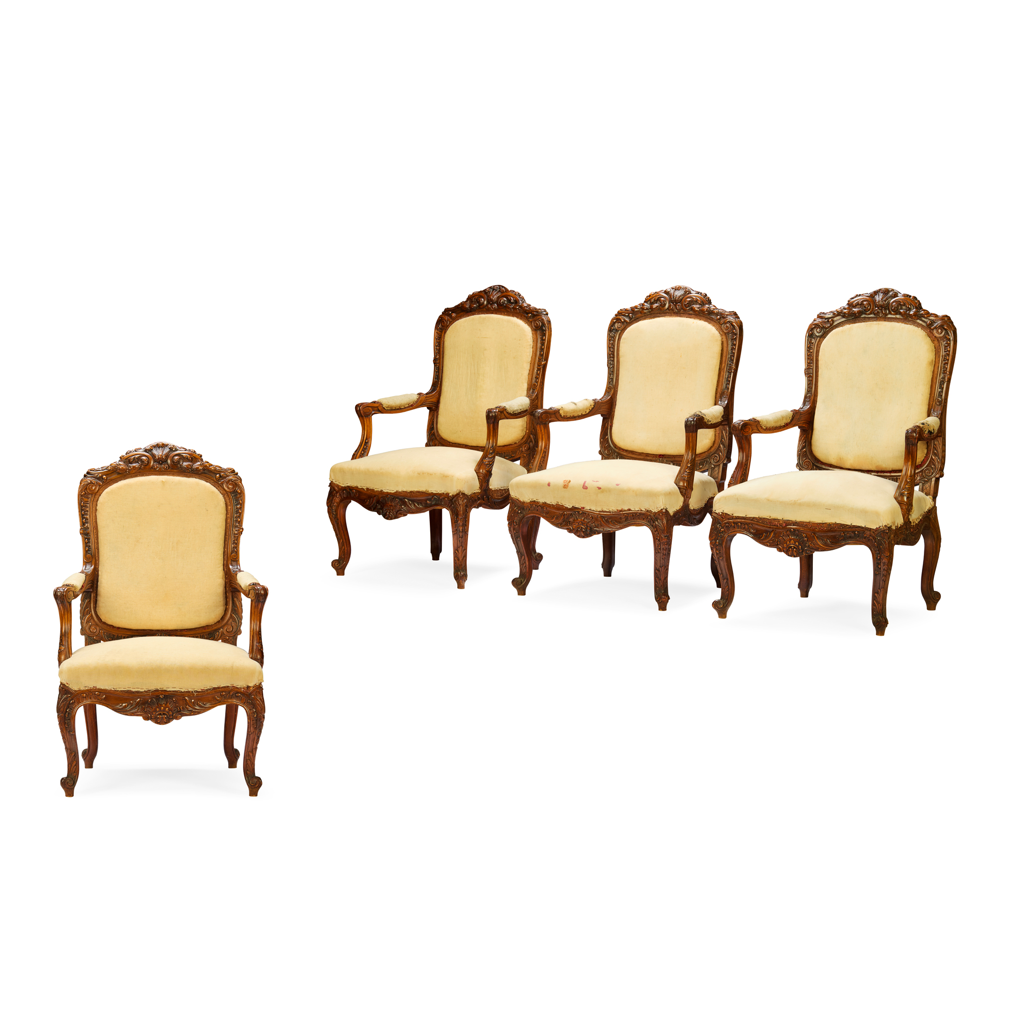 SET OF FOUR FRENCH CARVED WALNUT ARMCHAIRS