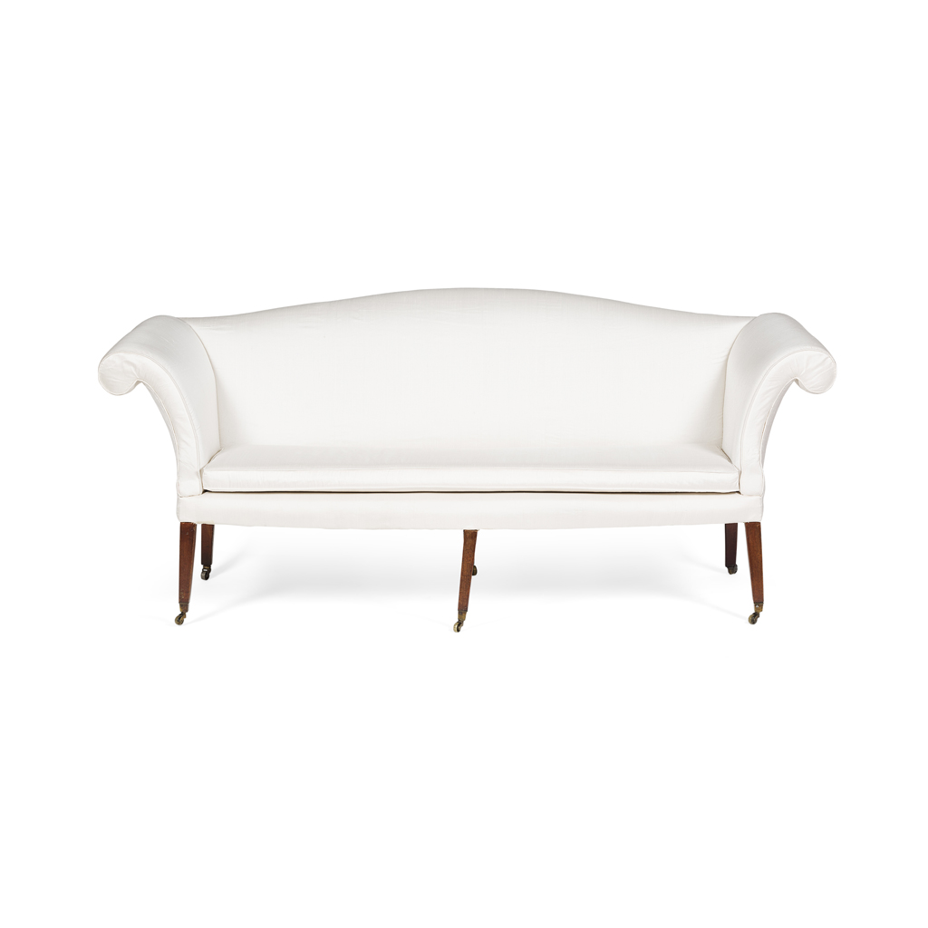 LATE GEORGE III MAHOGANY FRAMED CAMELBACK SOFA