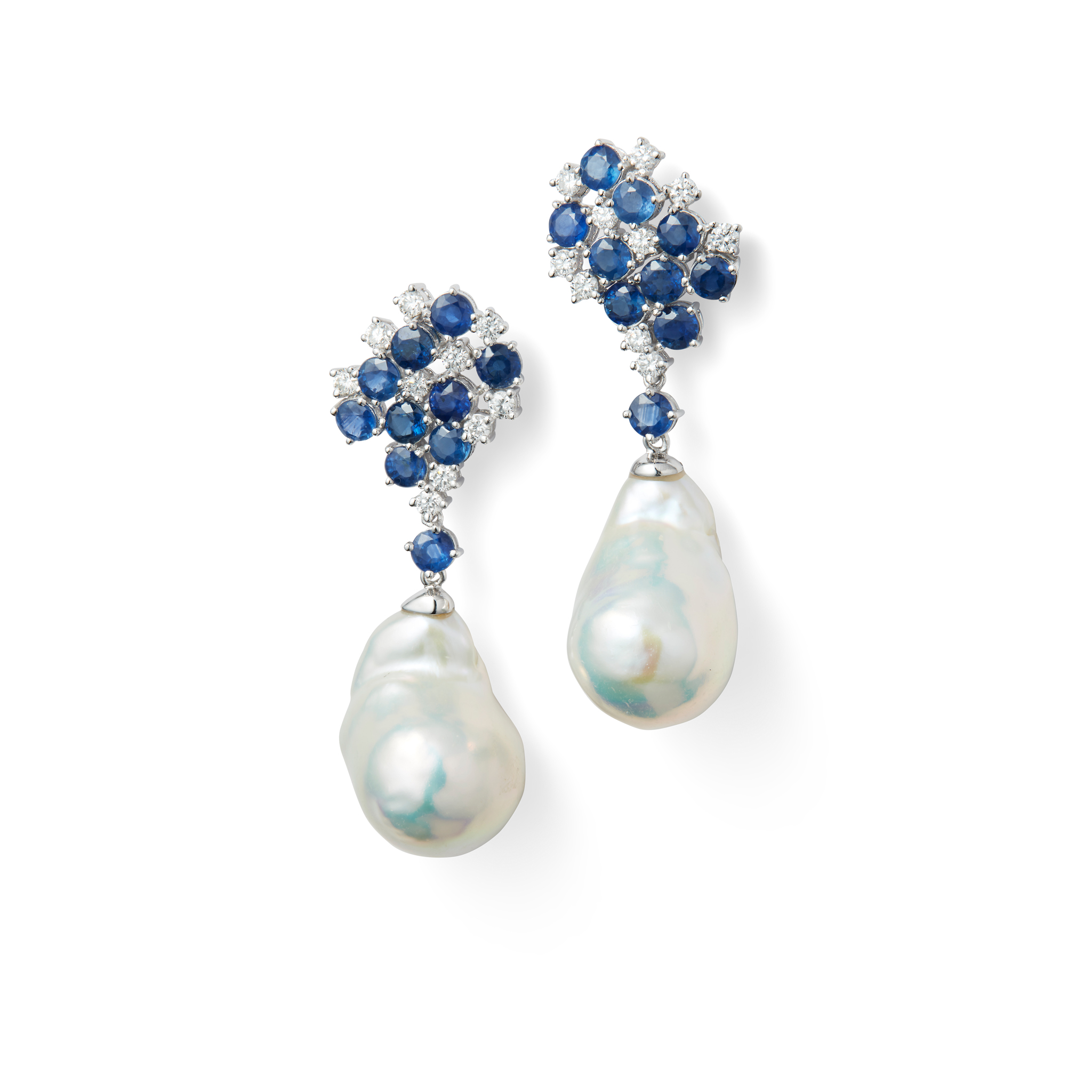A pair of sapphire, diamond, and baroque pearl pendent earrings