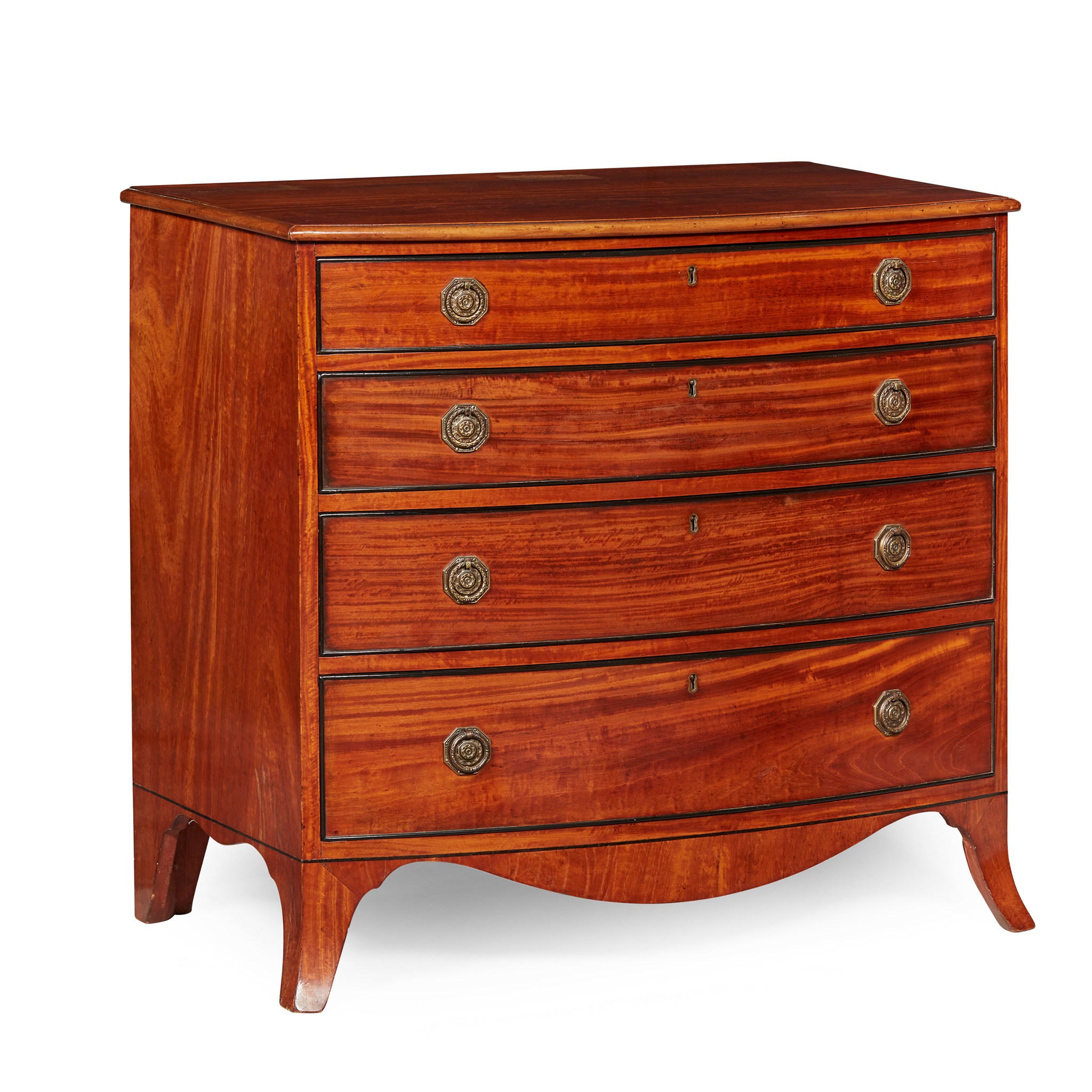 LATE GEORGE III SATINWOOD AND EBONISED BOWFRONT CHEST OF DRAWERS