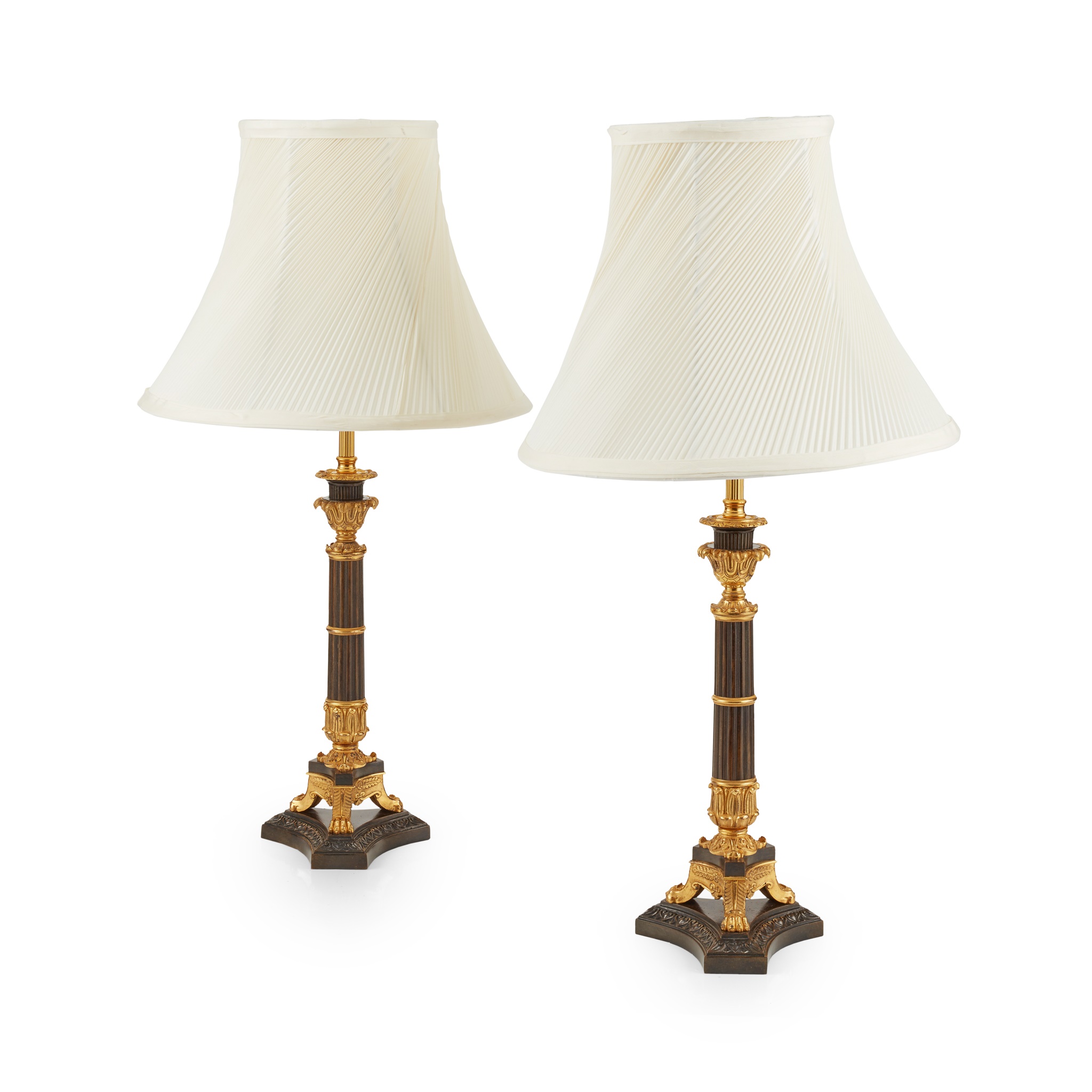 PAIR OF REGENCY GILT AND PATINATED METAL LAMPS