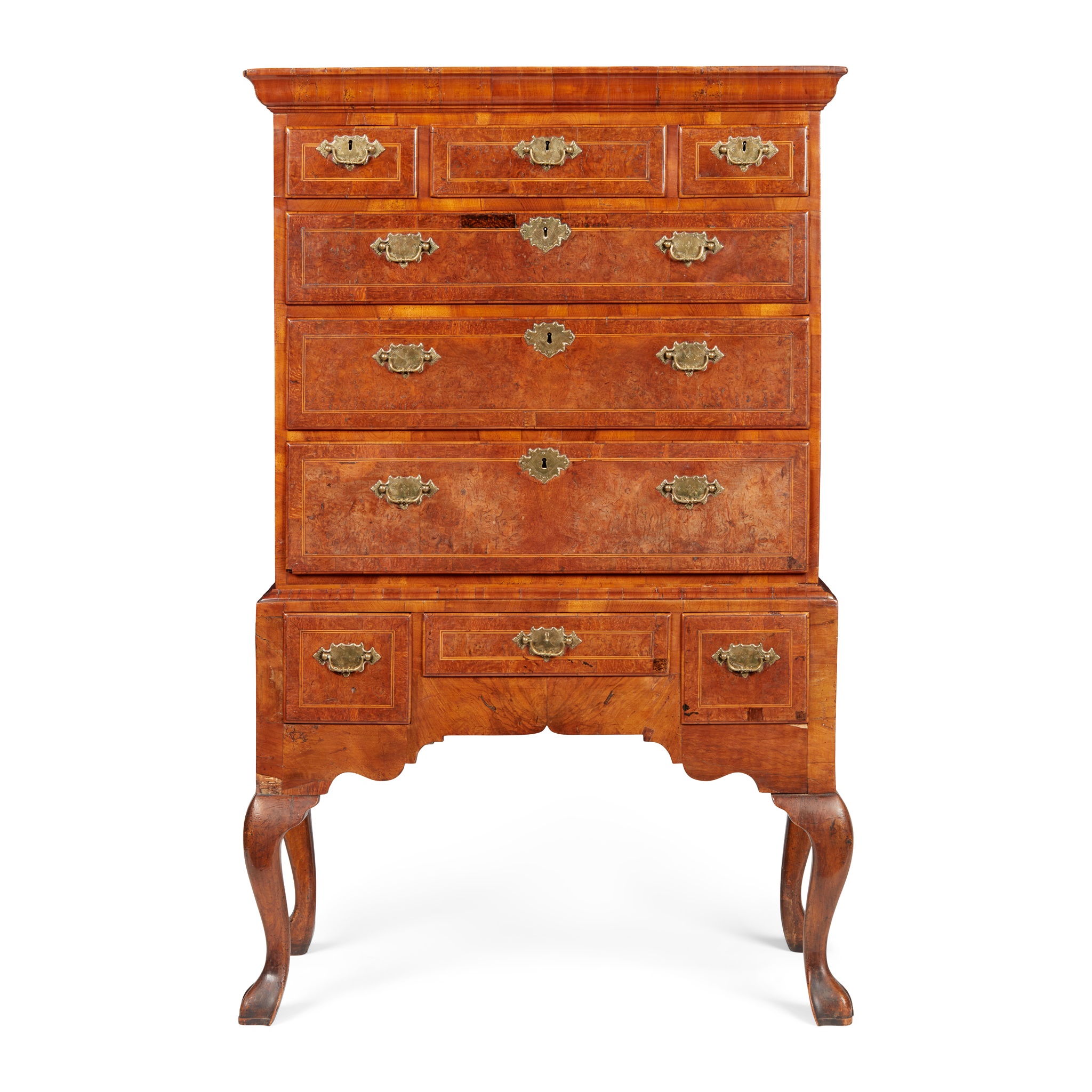 GEORGE II BURR WALNUT AND WALNUT CHEST-ON-STAND