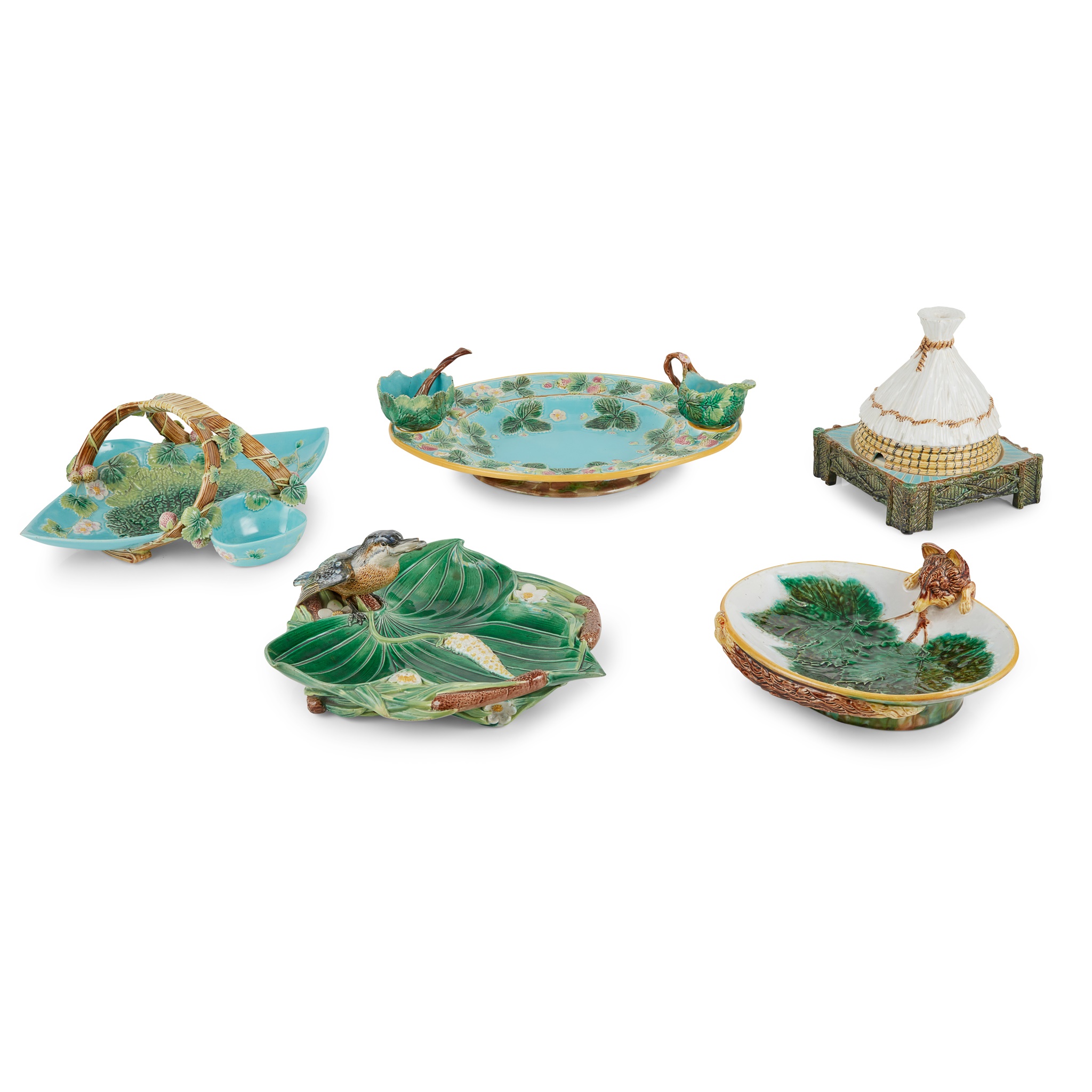 GROUP OF FIVE VICTORIAN MAJOLICA SERVING PIECES BY GEORGE JONES