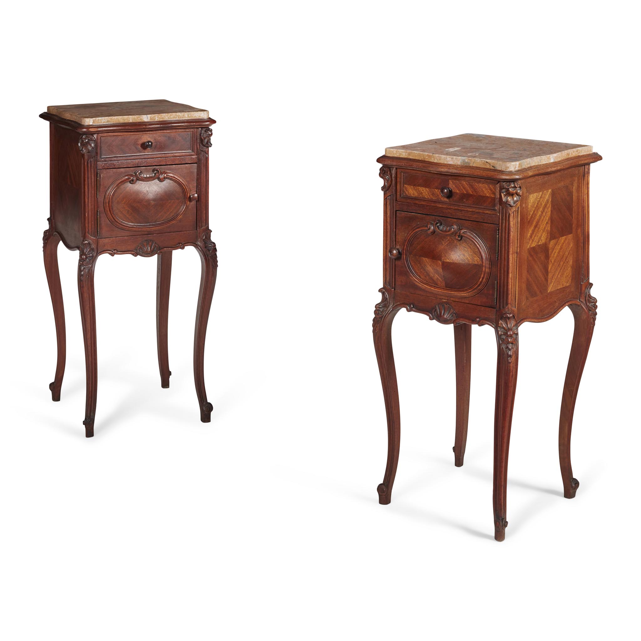 PAIR OF FRENCH ROCOCO STYLE MAHOGANY BEDSIDE TABLES