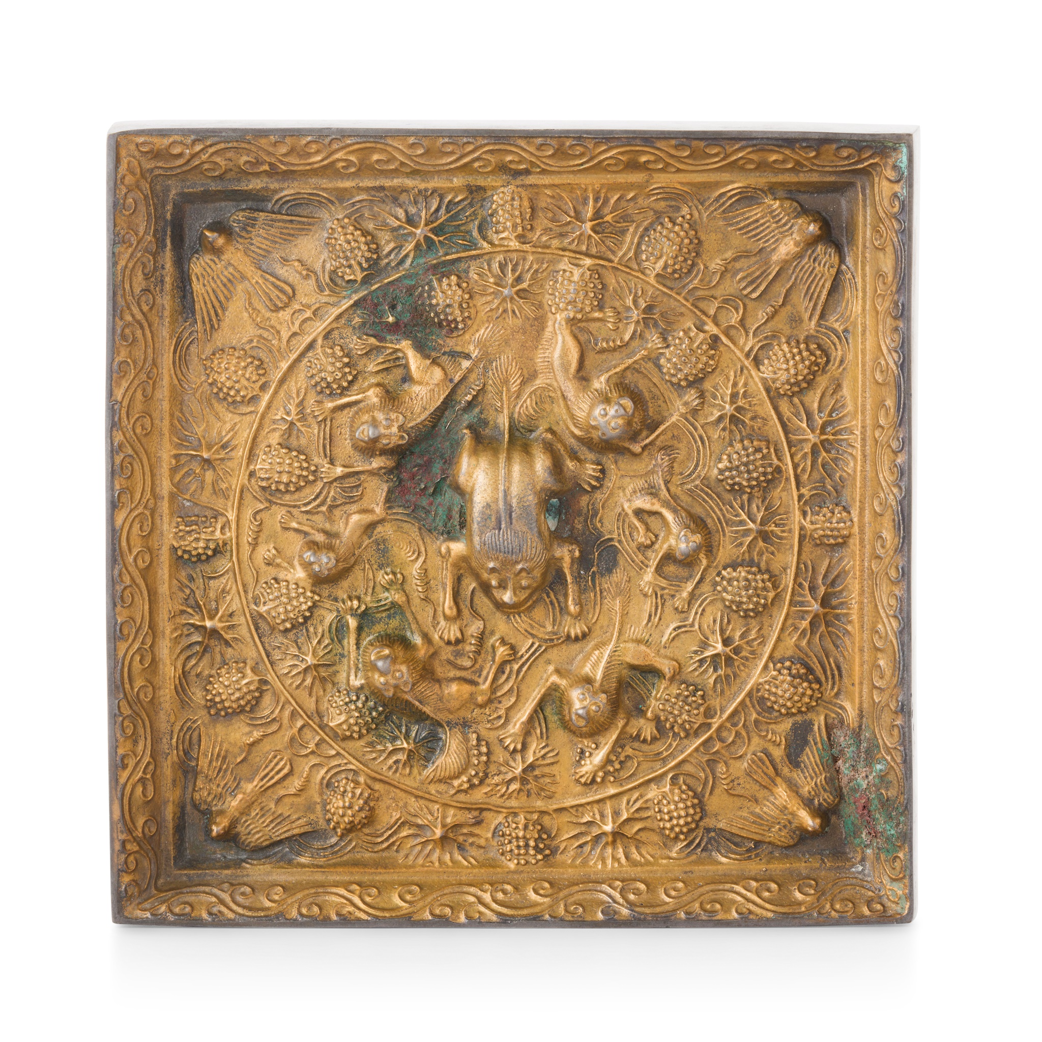 PARCEL-GILT BRONZE SQUARE 'LION AND GRAPEVINE' MIRROR