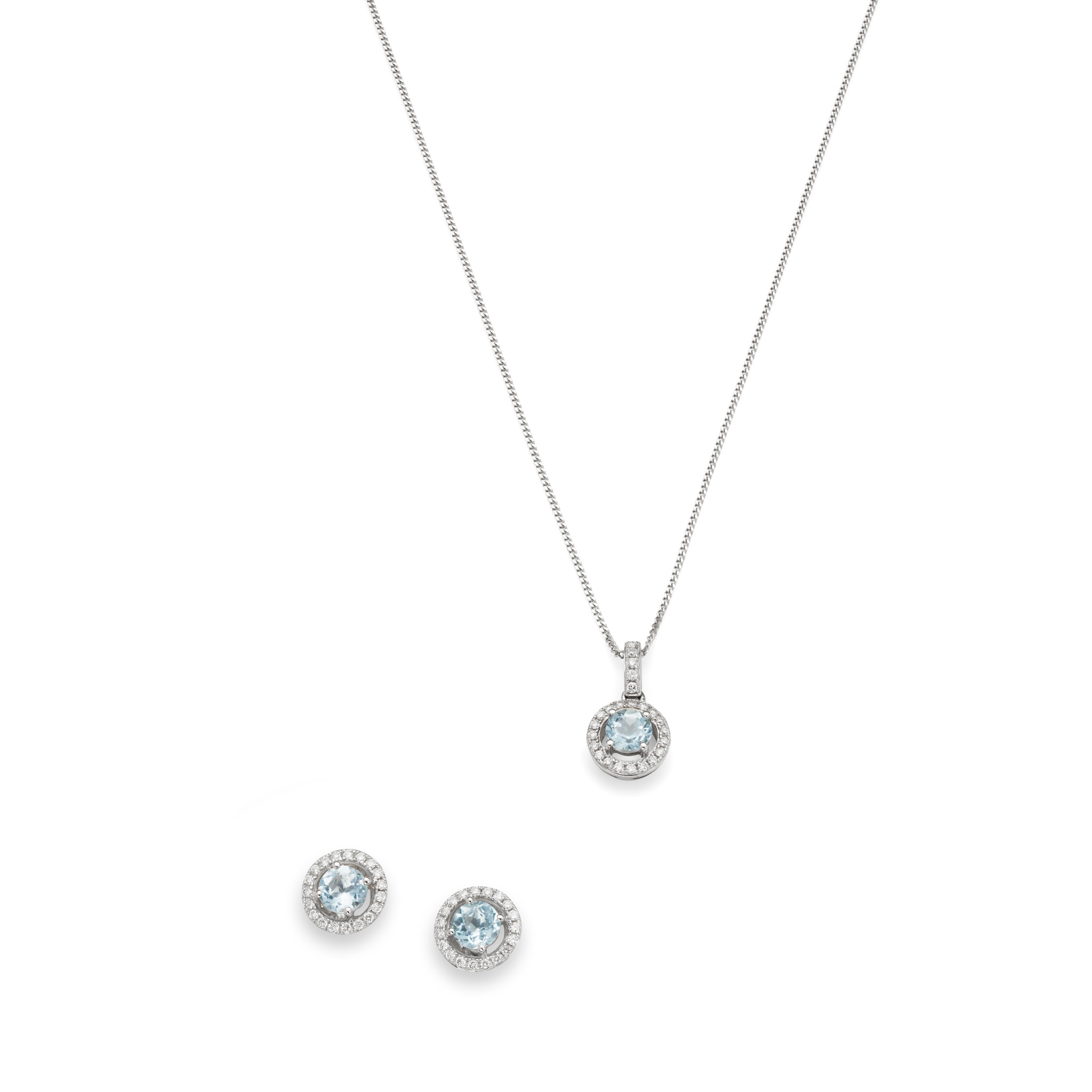 A pair of aquamarine and diamond earrings with matching pendant