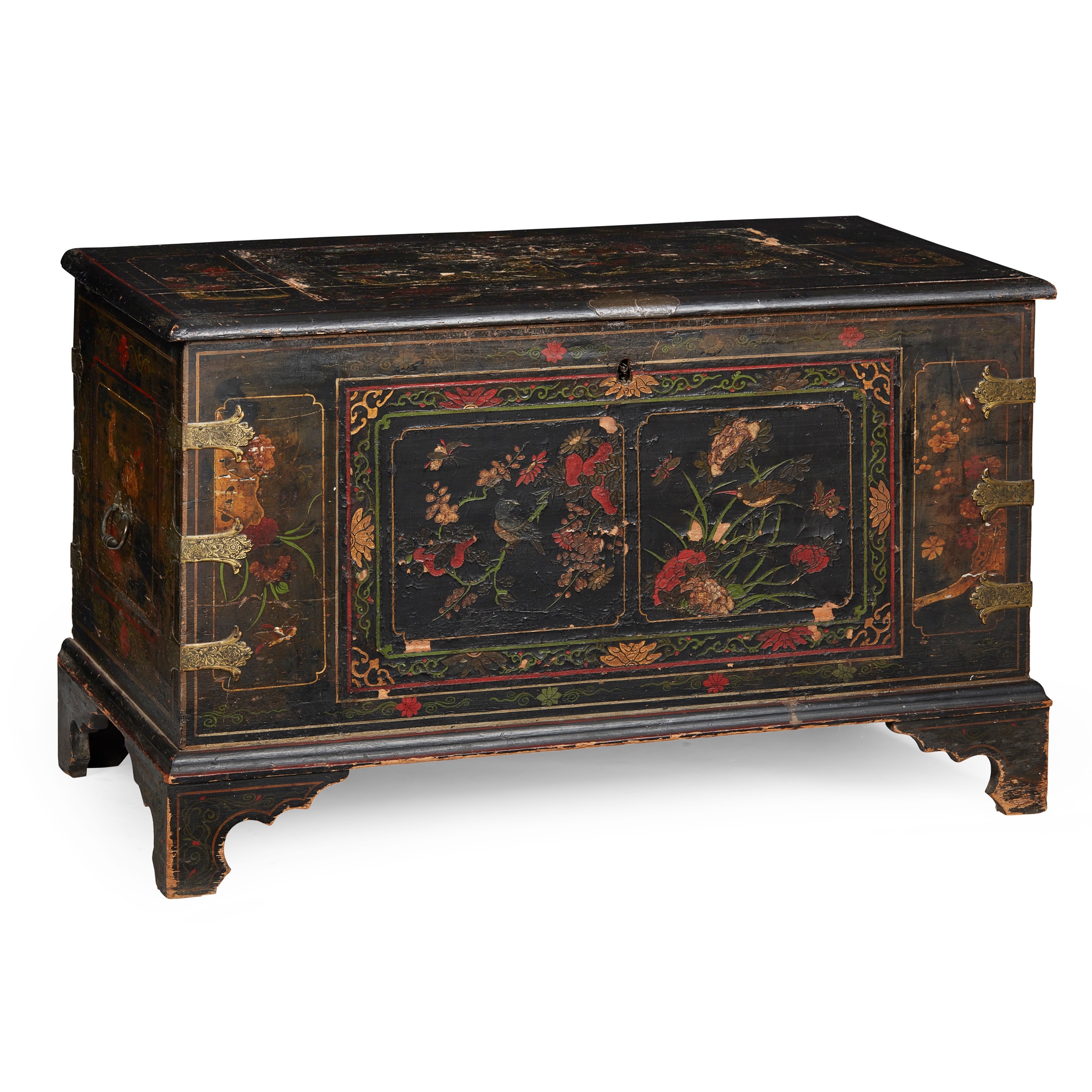 CHINESE COROMANDEL LACQUER AND POLYCHROME JAPANNED EBONISED CHEST