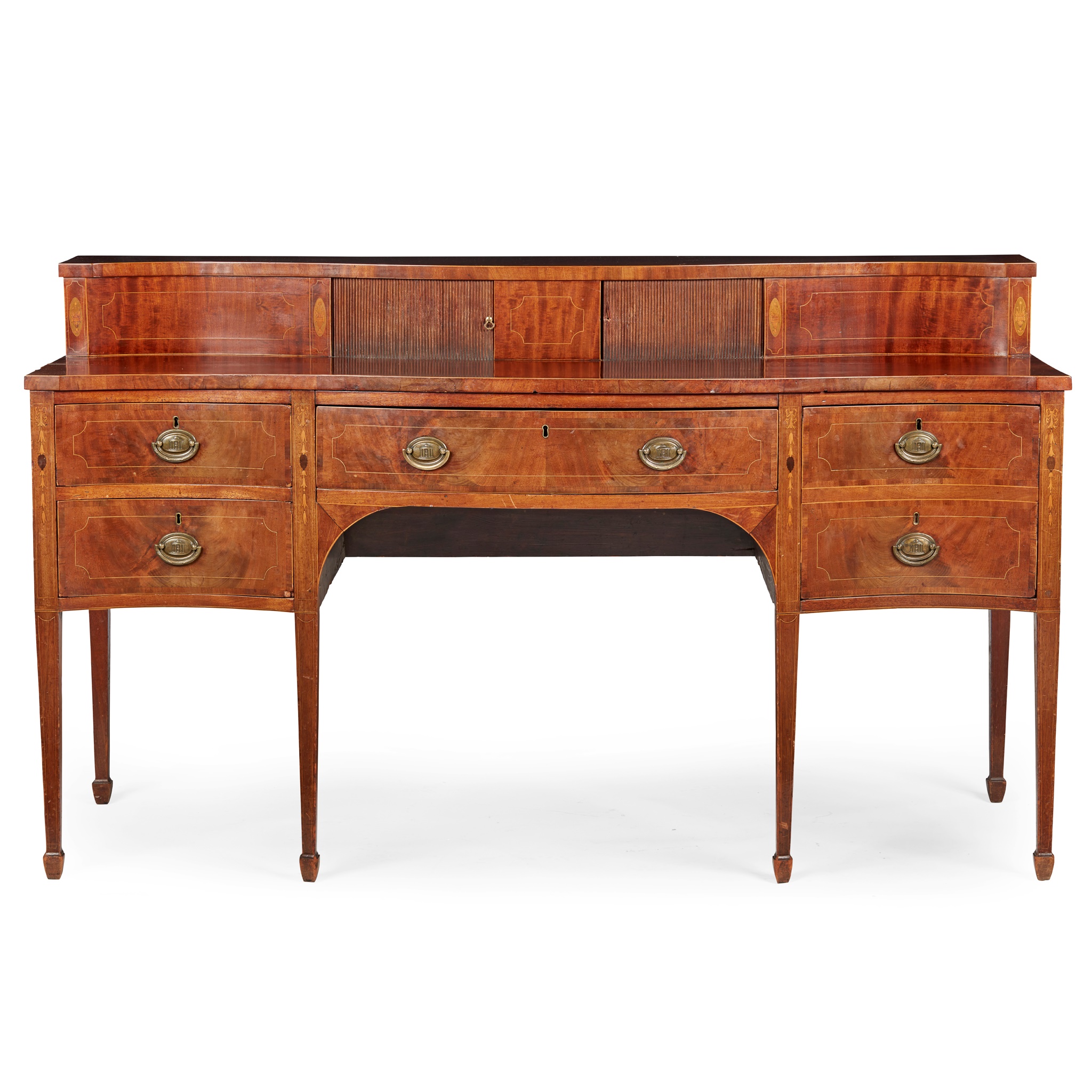 GEORGIAN MAHOGANY AND INLAID SERPENTINE STAGEBACK SIDEBOARD
