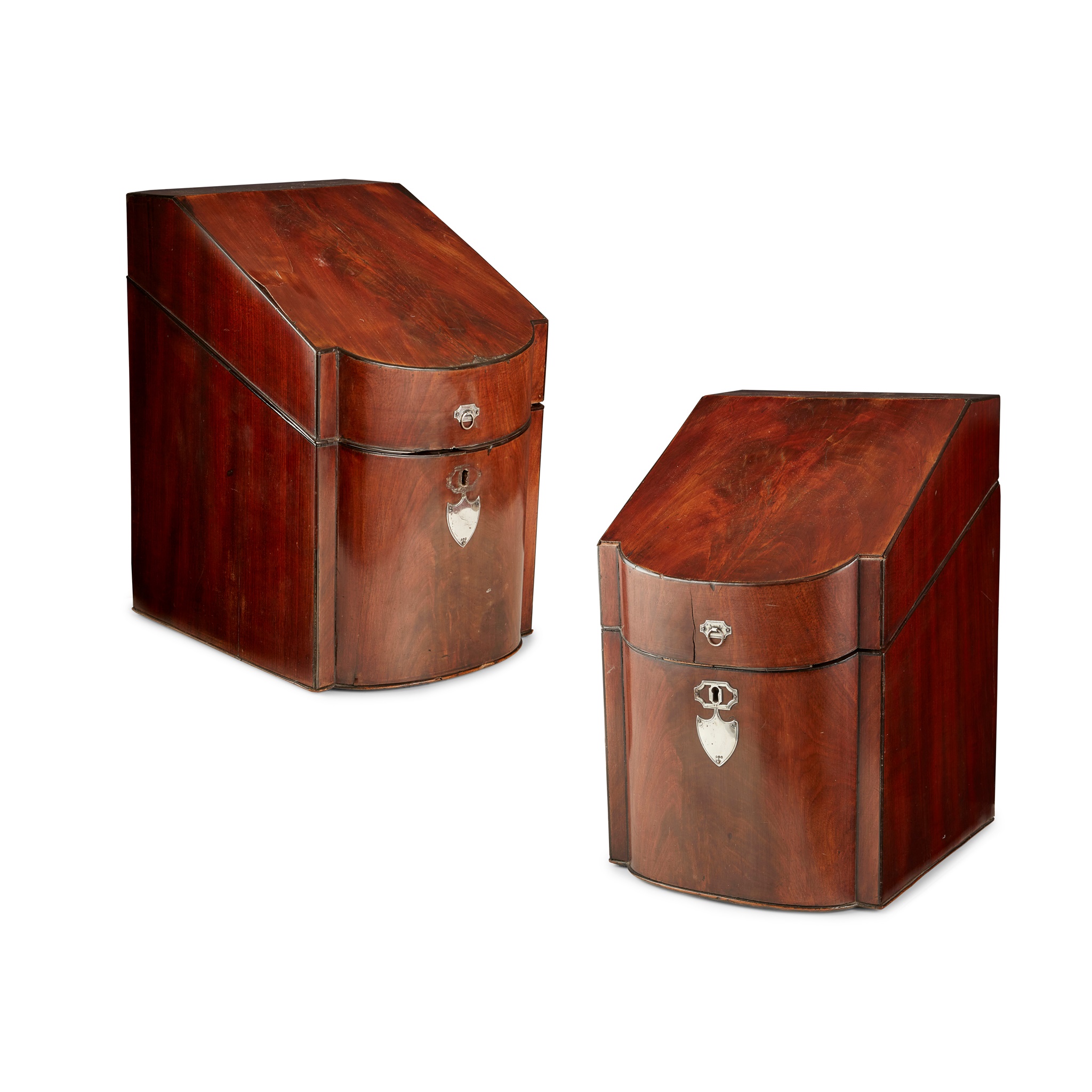 PAIR OF GEORGE III MAHOGANY, EBONY, AND SILVER-MOUNTED KNIFE BOXES