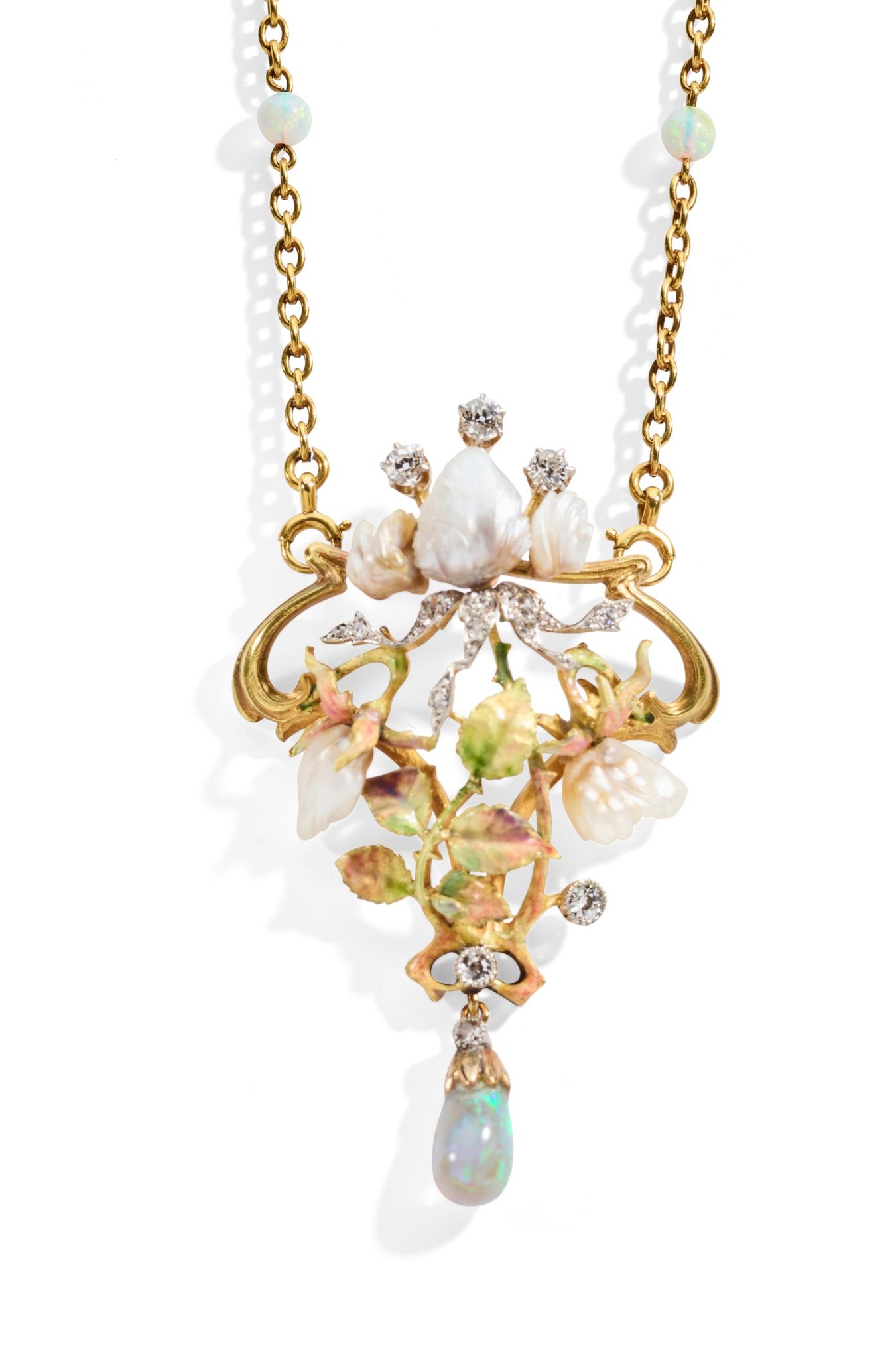 An Art Nouveau enamel, opal and diamond pendant necklace, circa 1900