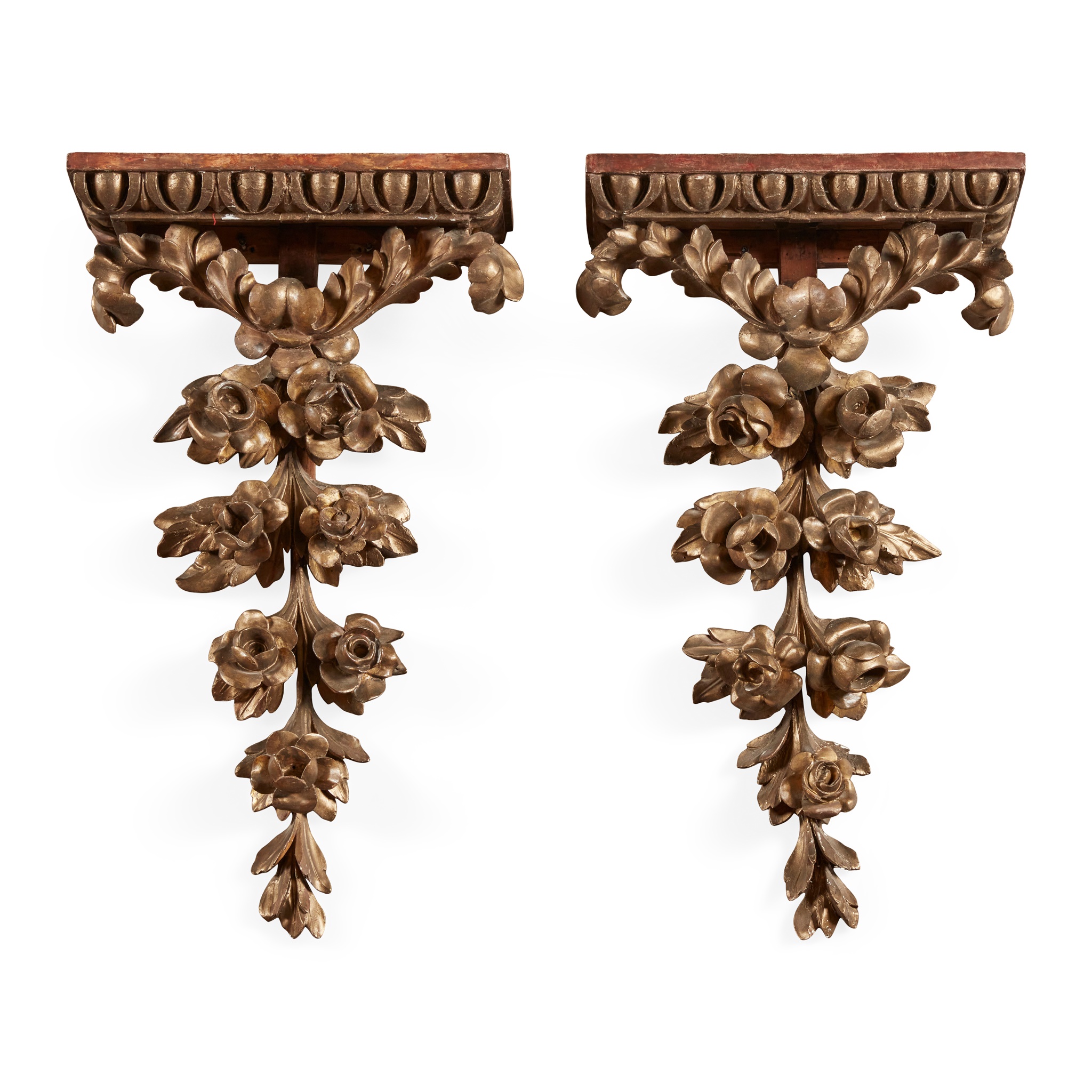 PAIR OF CARVED PAINTED AND GILTWOOD BRACKETS