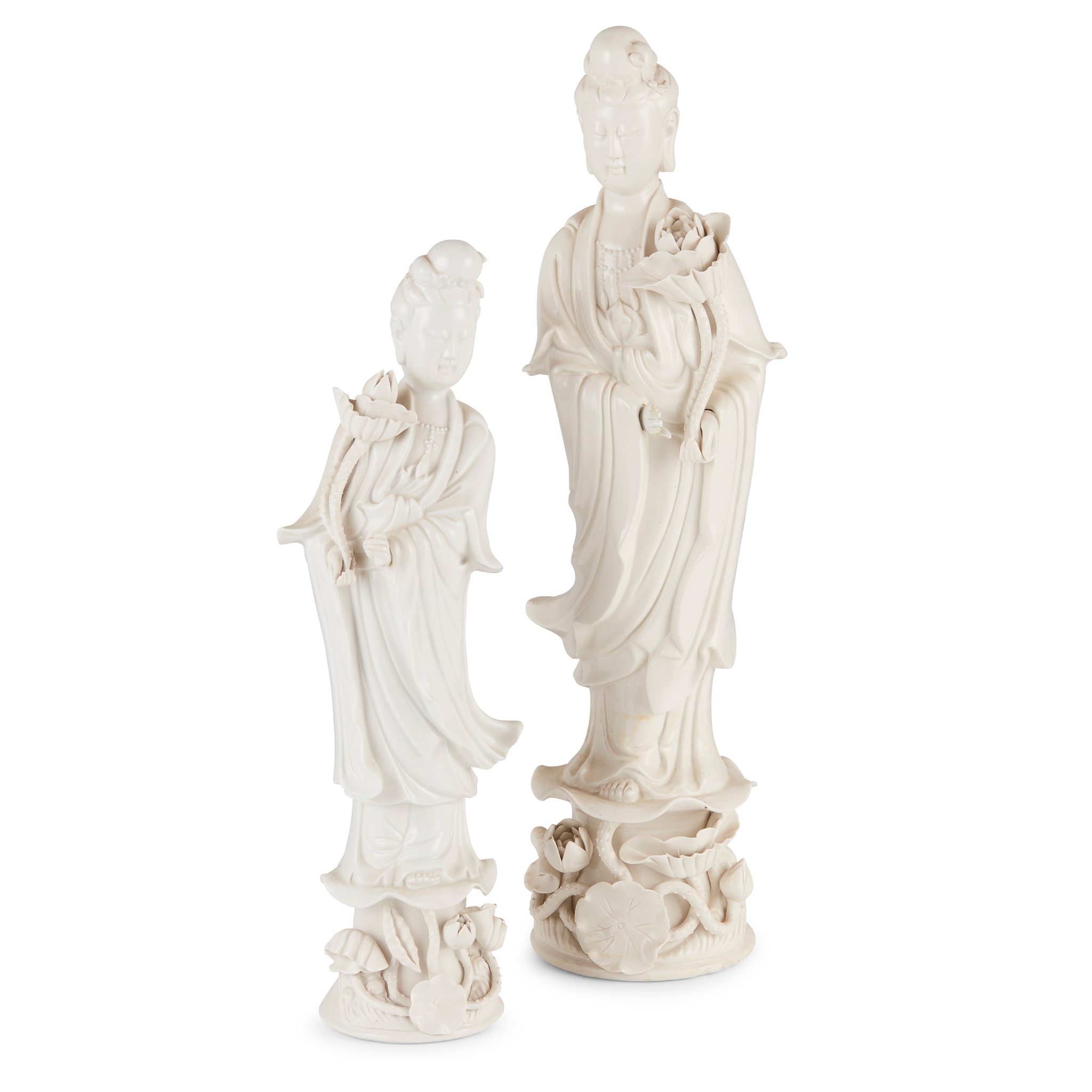 TWO BLANC-DE-CHINE STANDING FIGURES OF GUANYIN