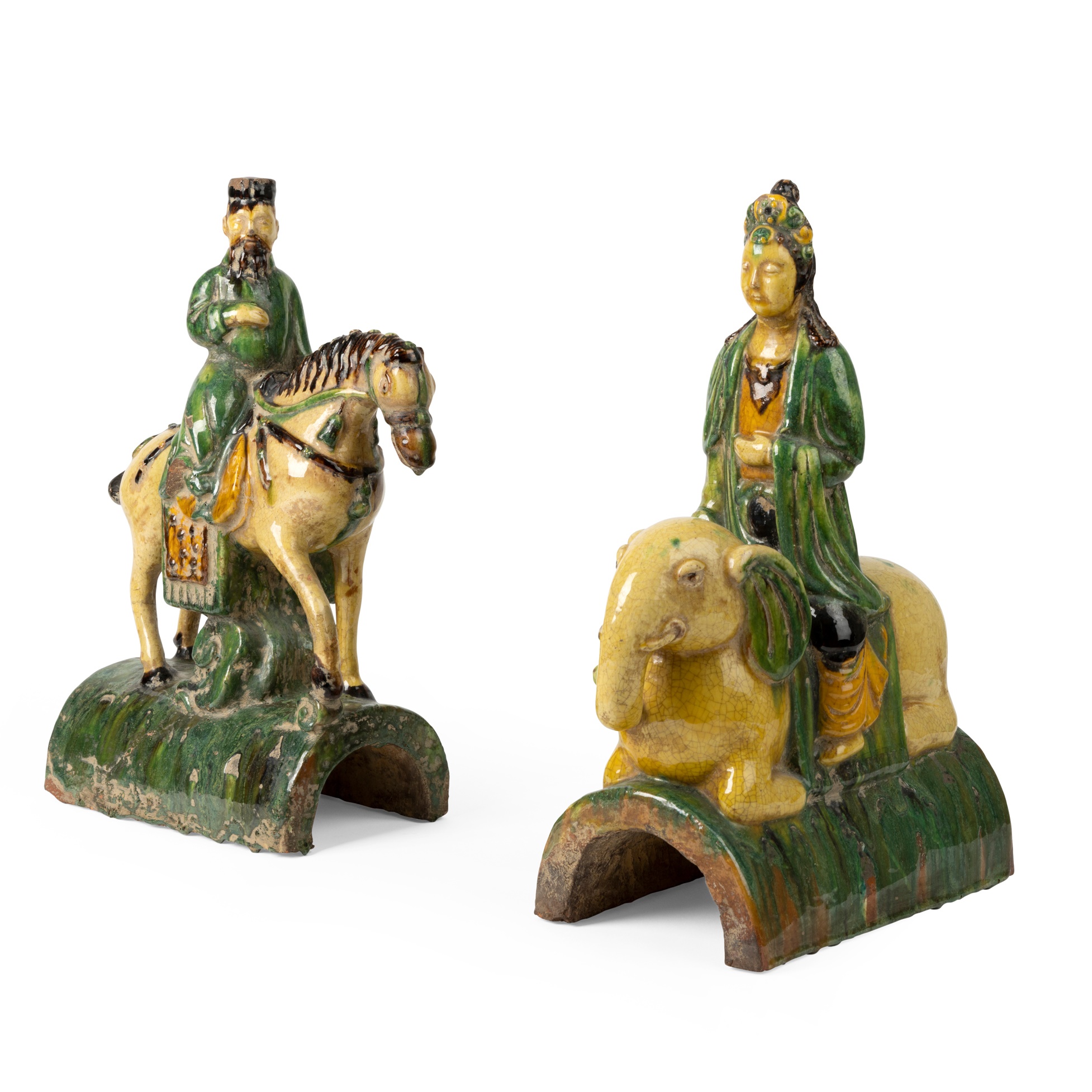 TWO SANCAI-GLAZED ROOF TILES