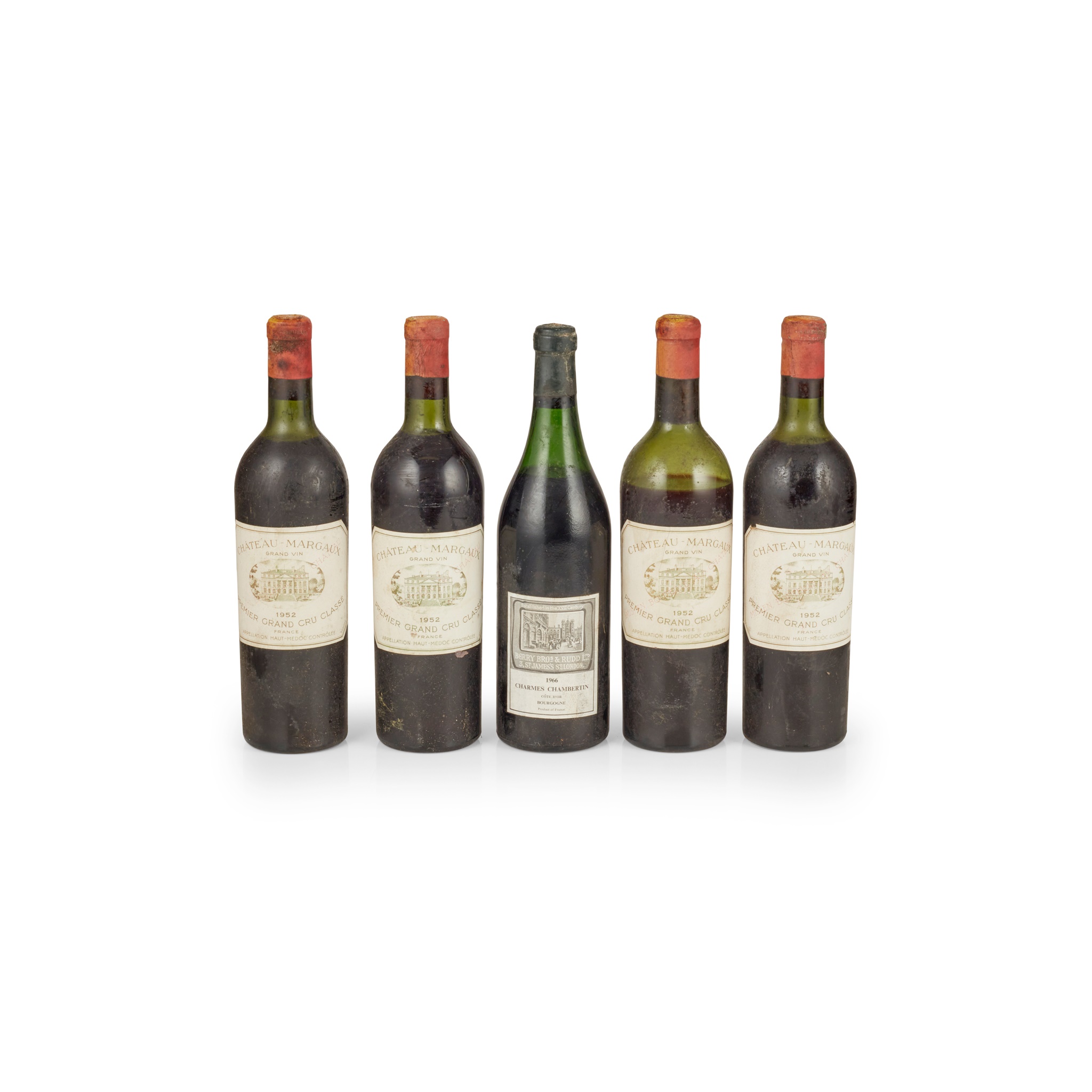 Four bottles of Bordeaux wine, and one bottle of Burgundy