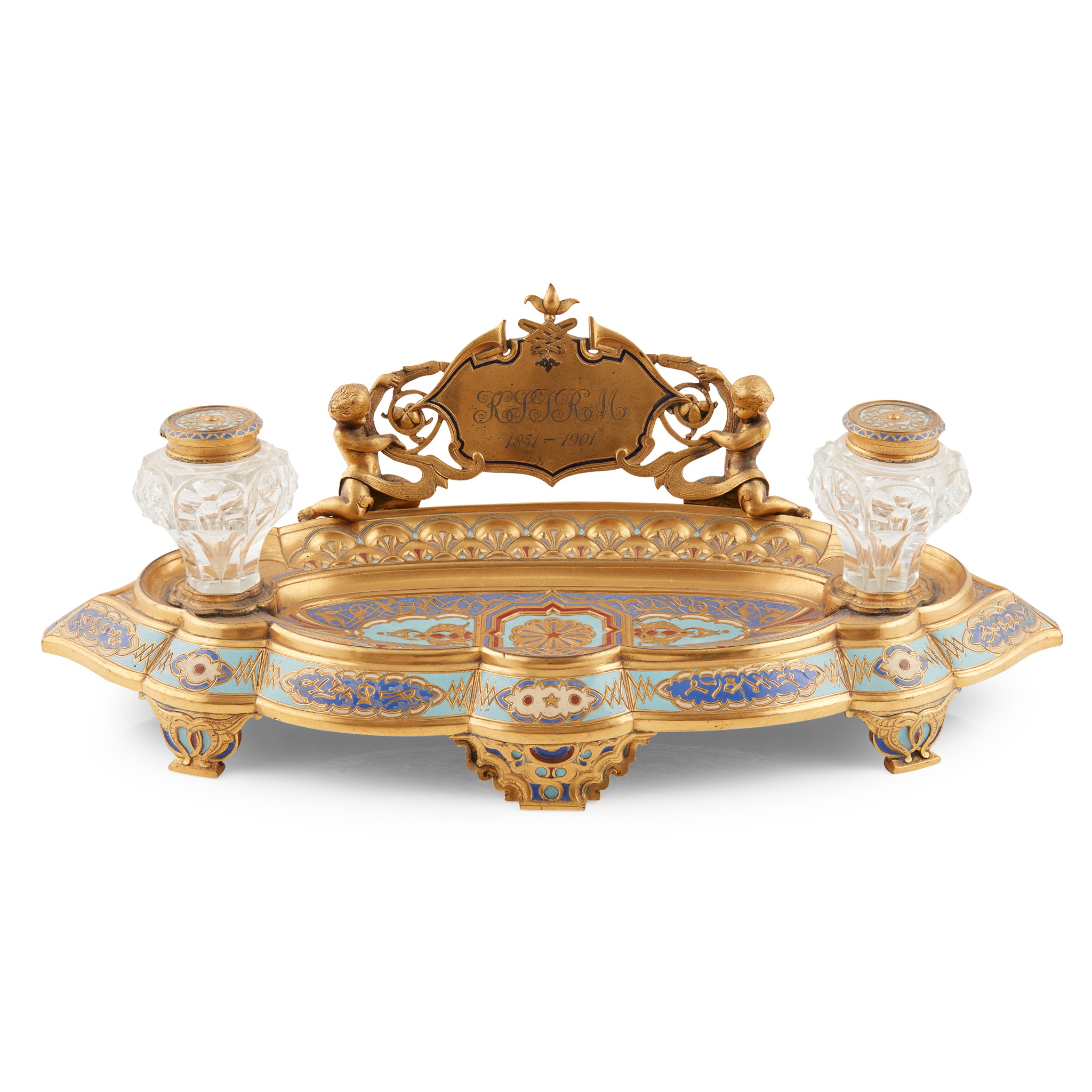 LATE VICTORIAN GILT METAL AND ENAMEL INKSTAND, ELKINGTON & CO.