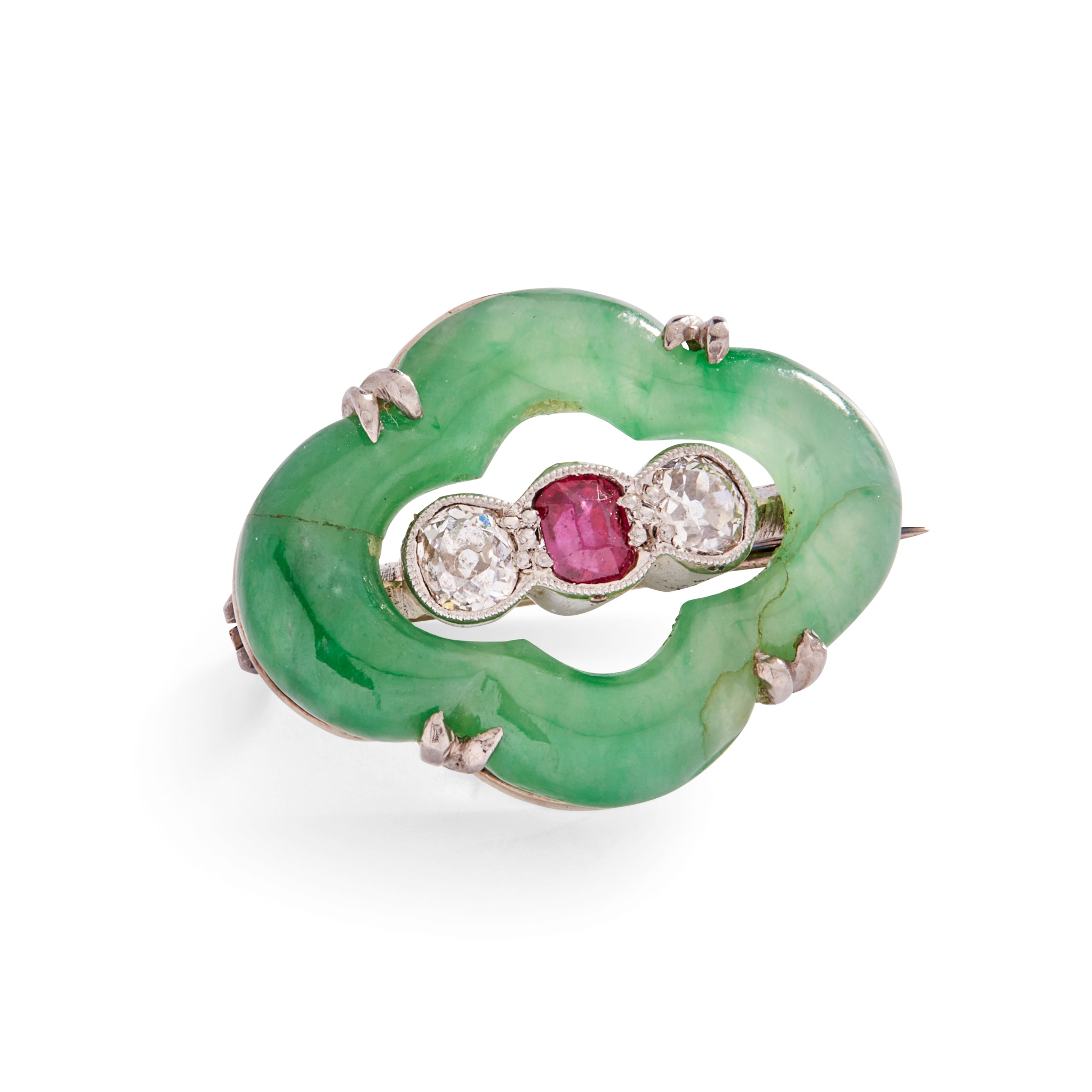 An early 20th-Century jadeite, diamond and ruby brooch