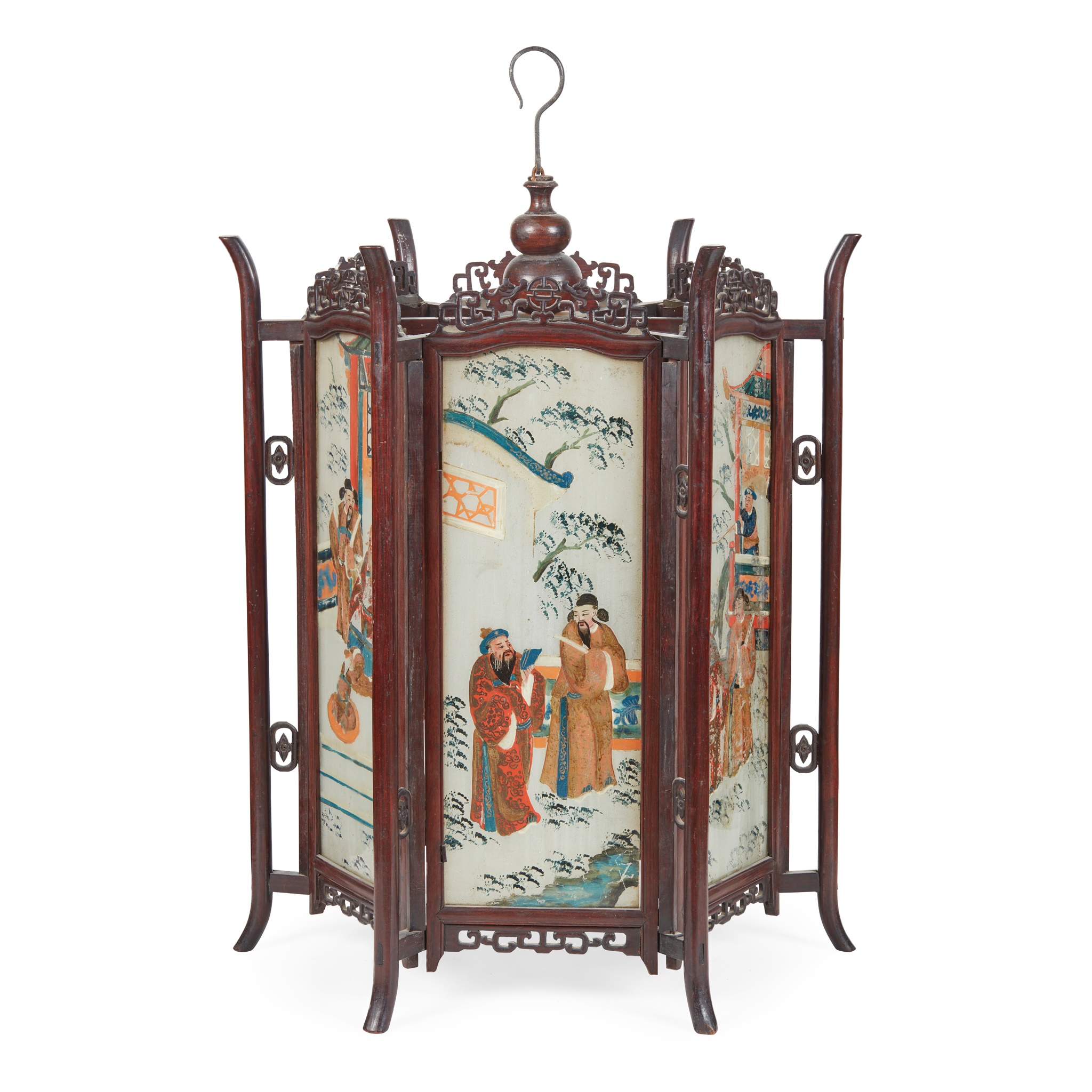 HARDWOOD AND REVERSE-PAINTED GLASS HANGING LANTERN