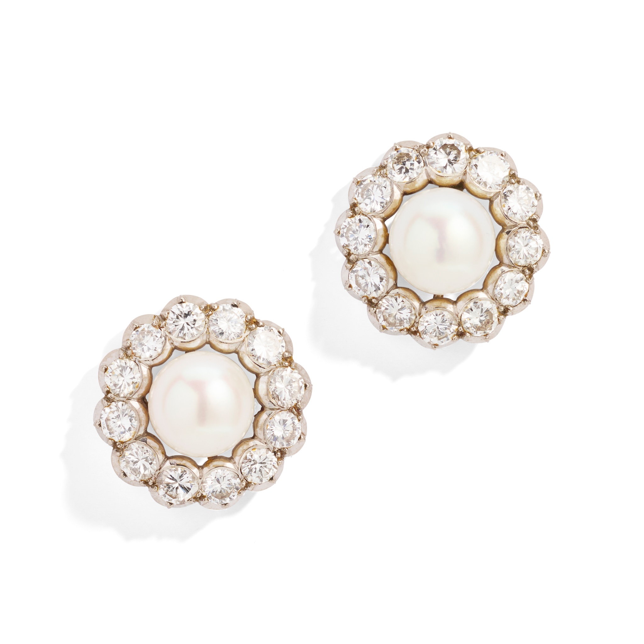 A pair of cultured pearl and diamond cluster earrings