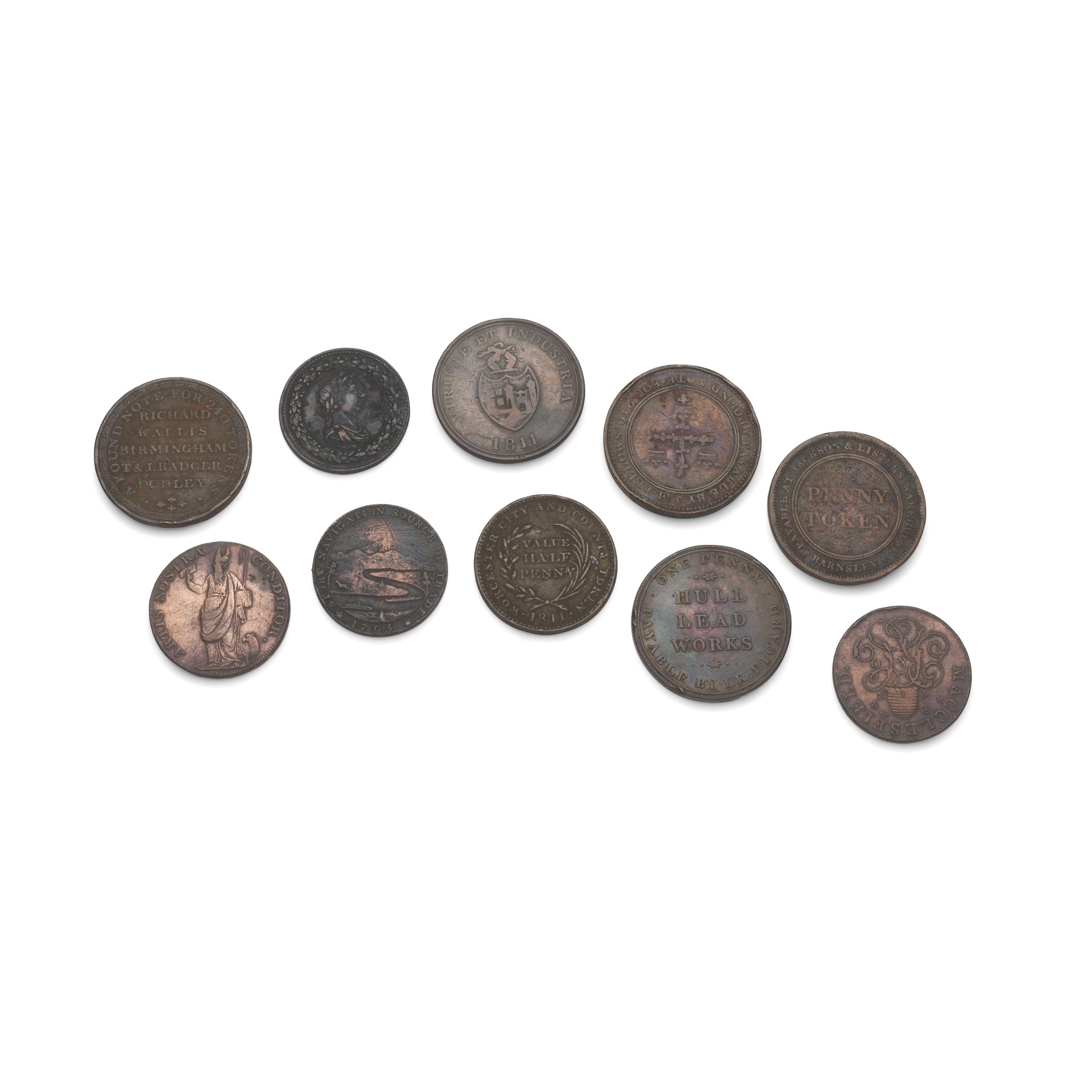 A collection of trade tokens and other coins