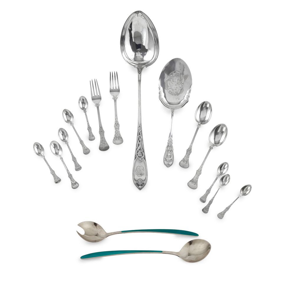 A pair of early 20th-Century Norwegian silver-gilt and enamel salad servers