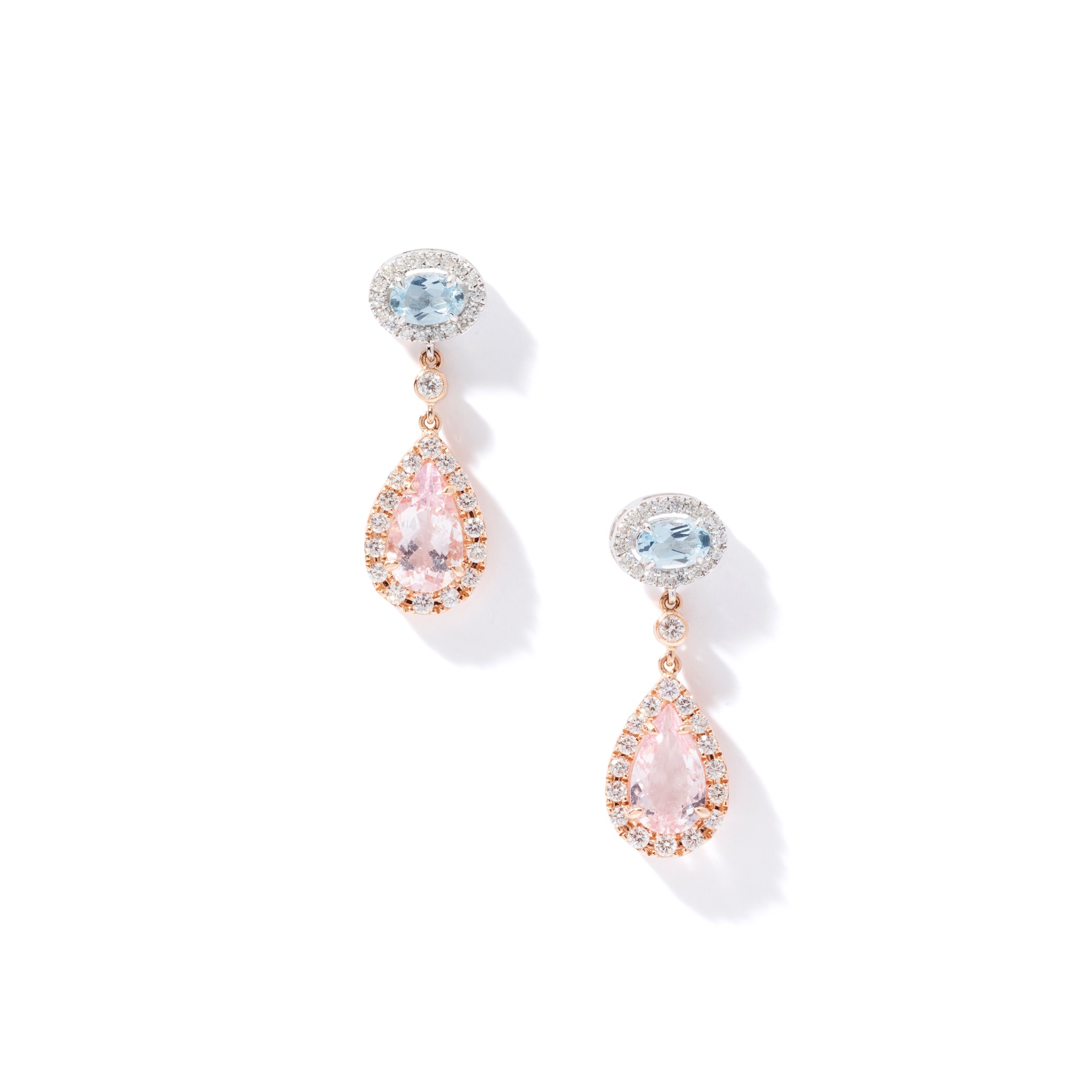 A pair of diamond, aquamarine and morganite pendent earrings