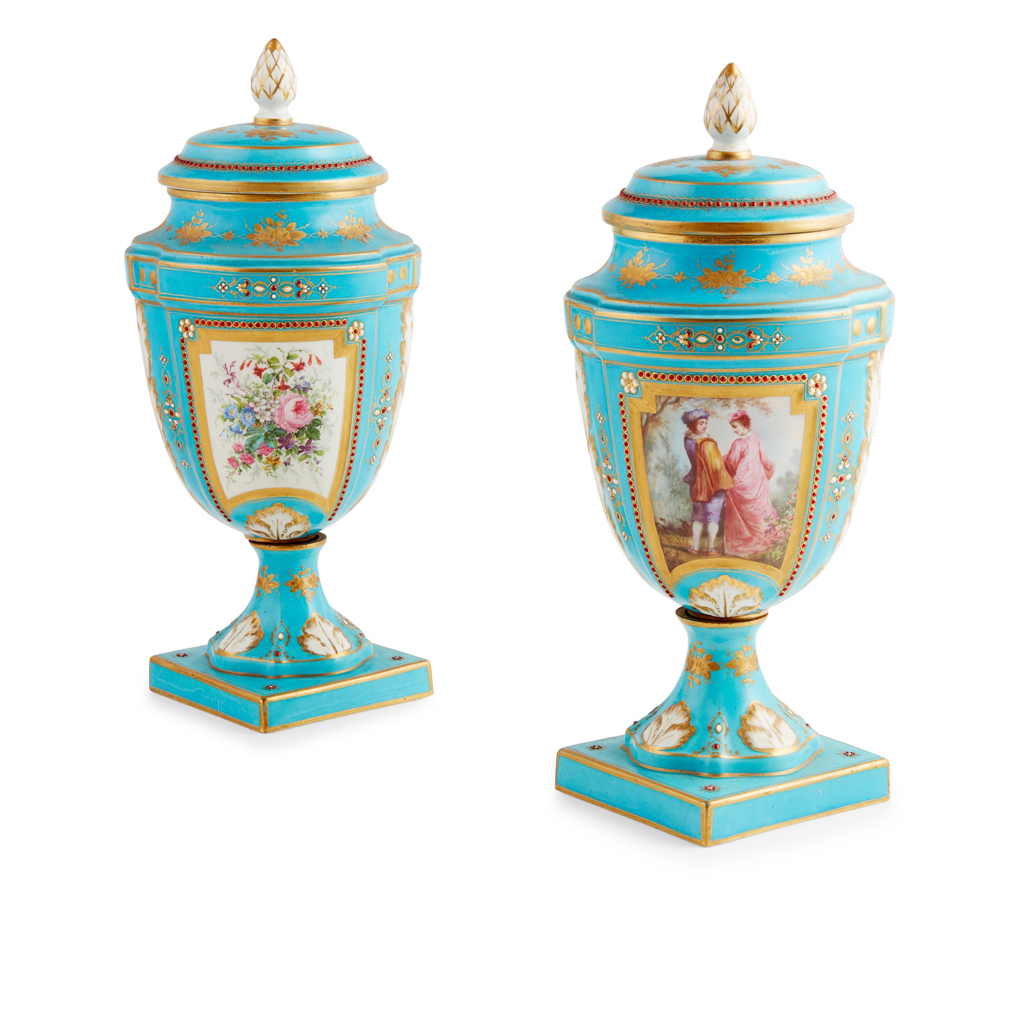 PAIR OF SEVRES STYLE URNS AND COVERS