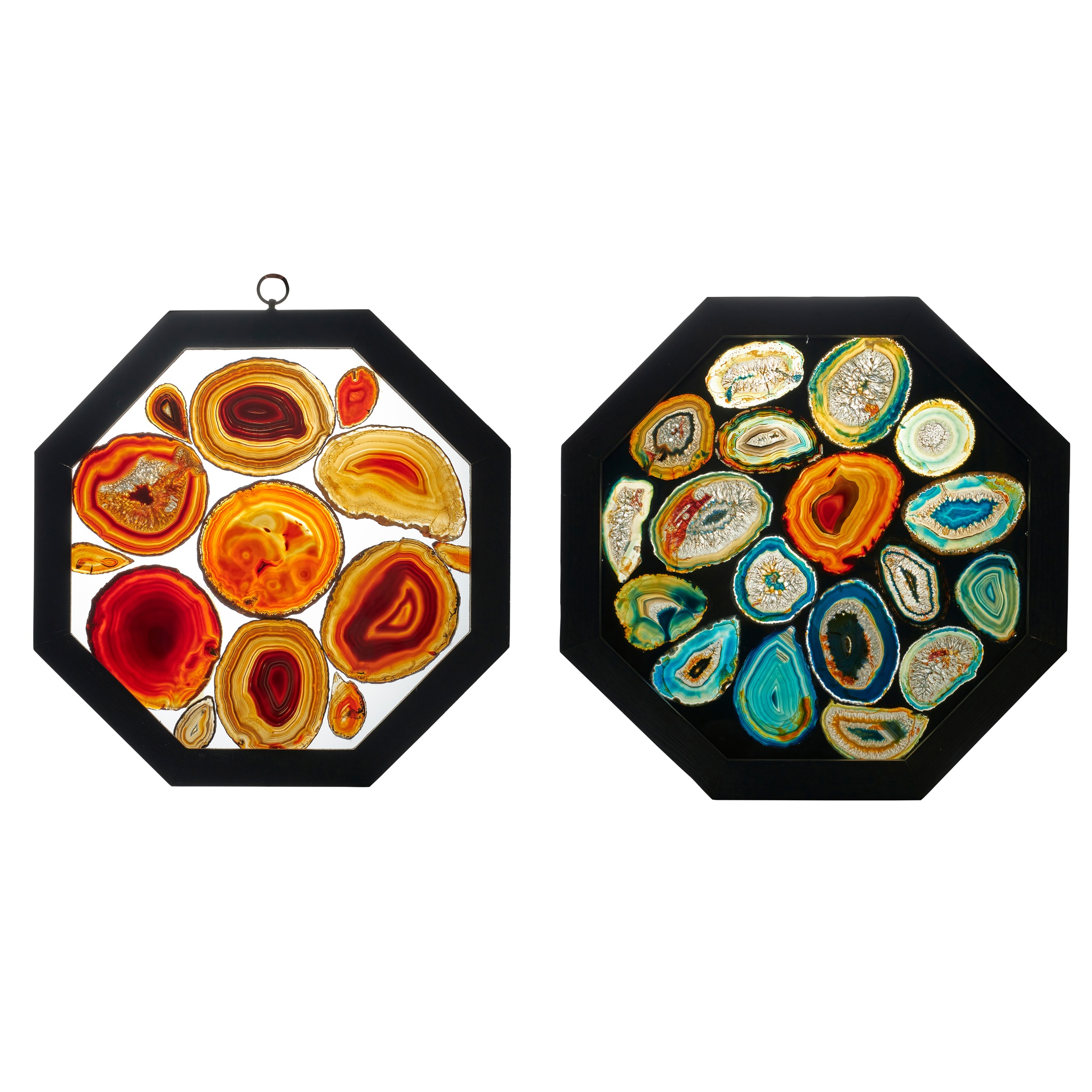 TWO FRAMED CROSS-SECTION AGATE GEODE WINDOW PANELS