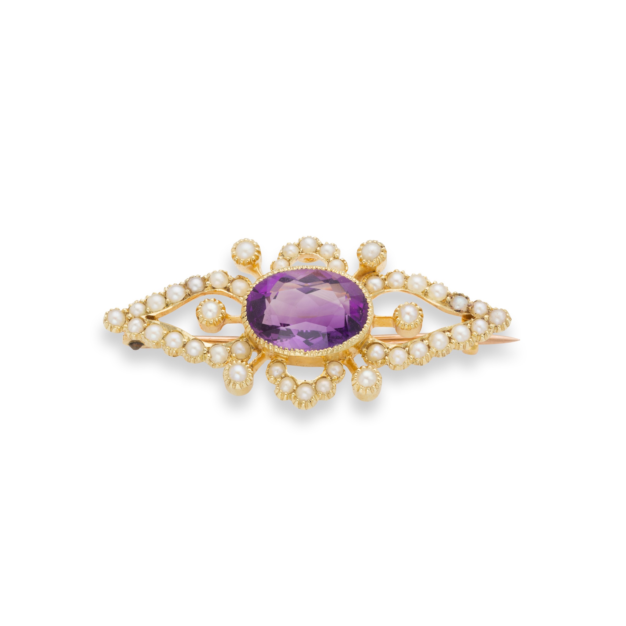 An early 20th century amethyst and seed pearl brooch
