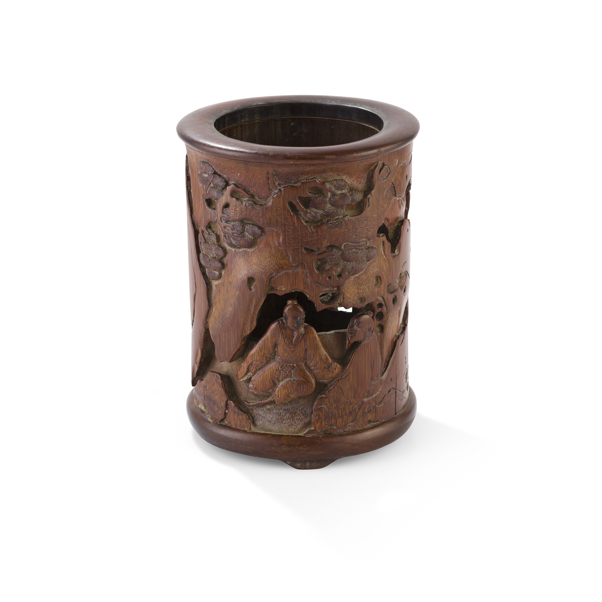 CARVED BAMBOO BRUSH POT WITH TWO SCHOLARS