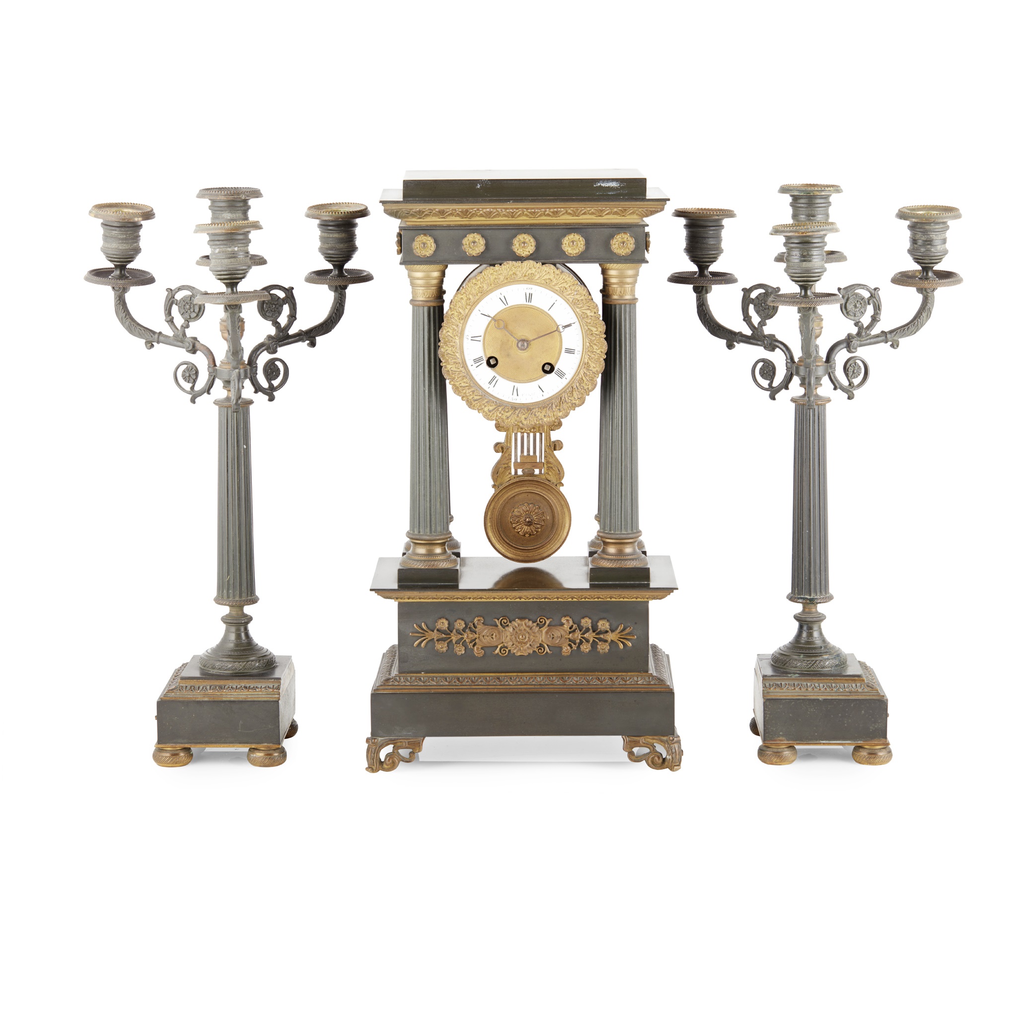FRENCH PATINATED BRONZE AND BRASS PORTICO CLOCK GARNITURE